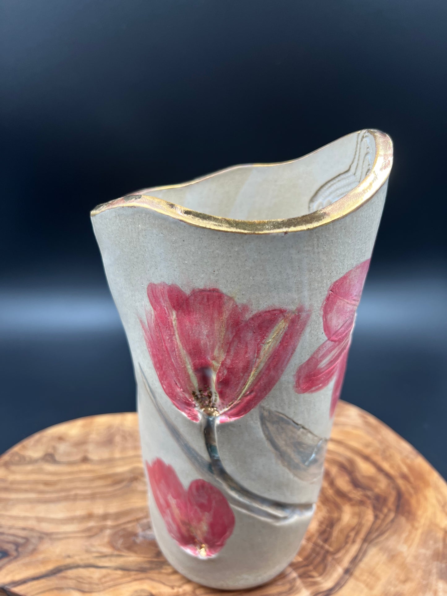 Stone pink floral vase with gold detail