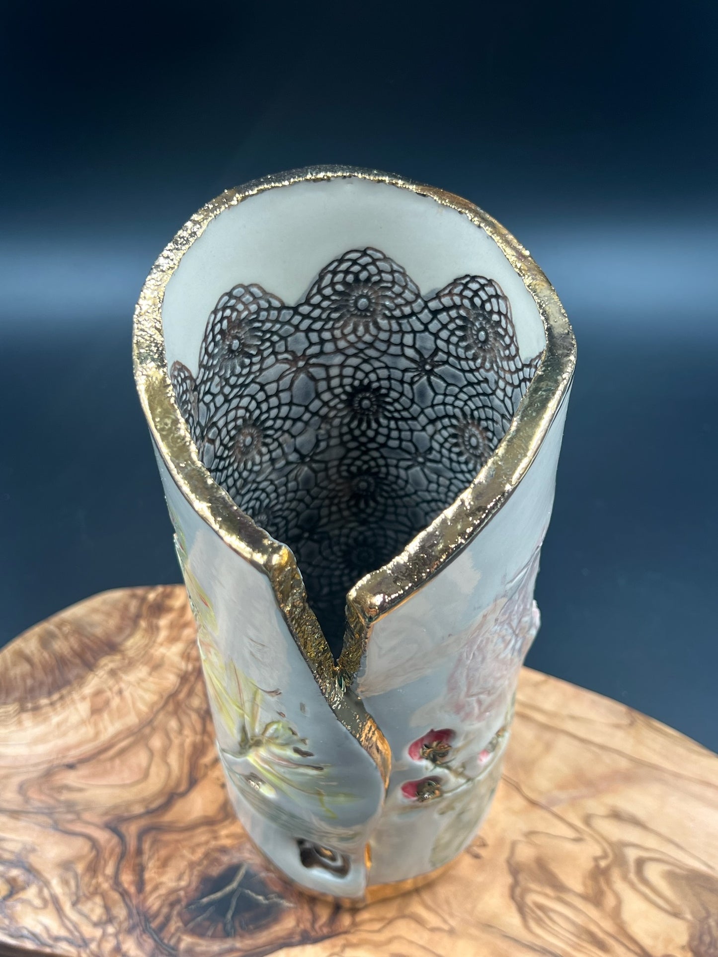 Color floral vase with sepia lace interior and rim