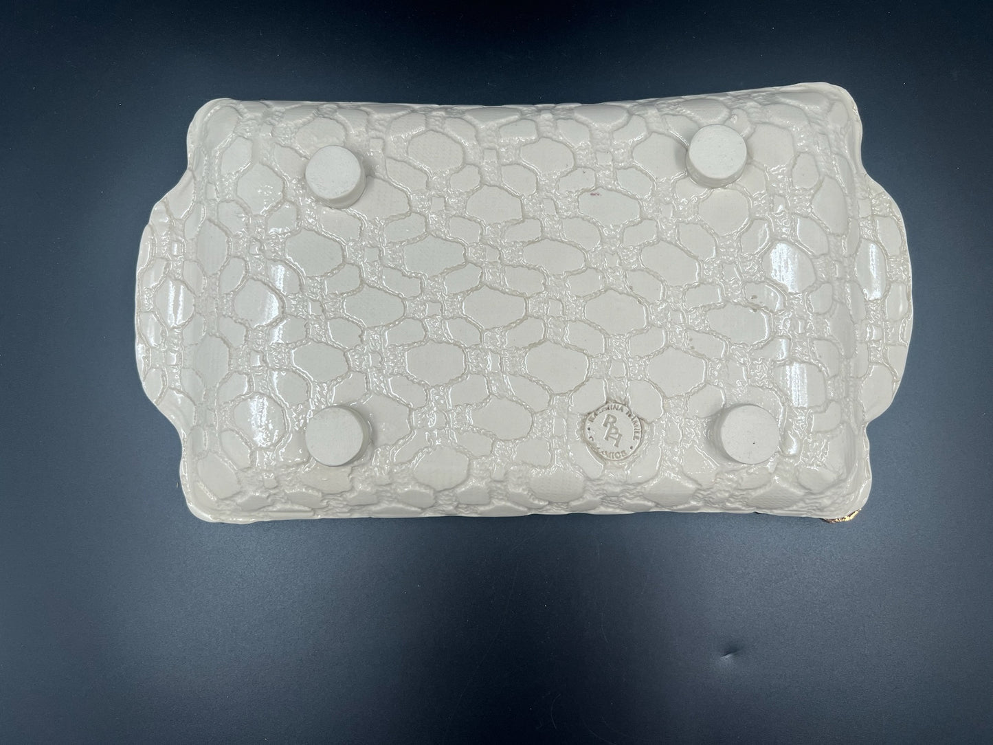 Cream lace tray with corner flowers and gold rim