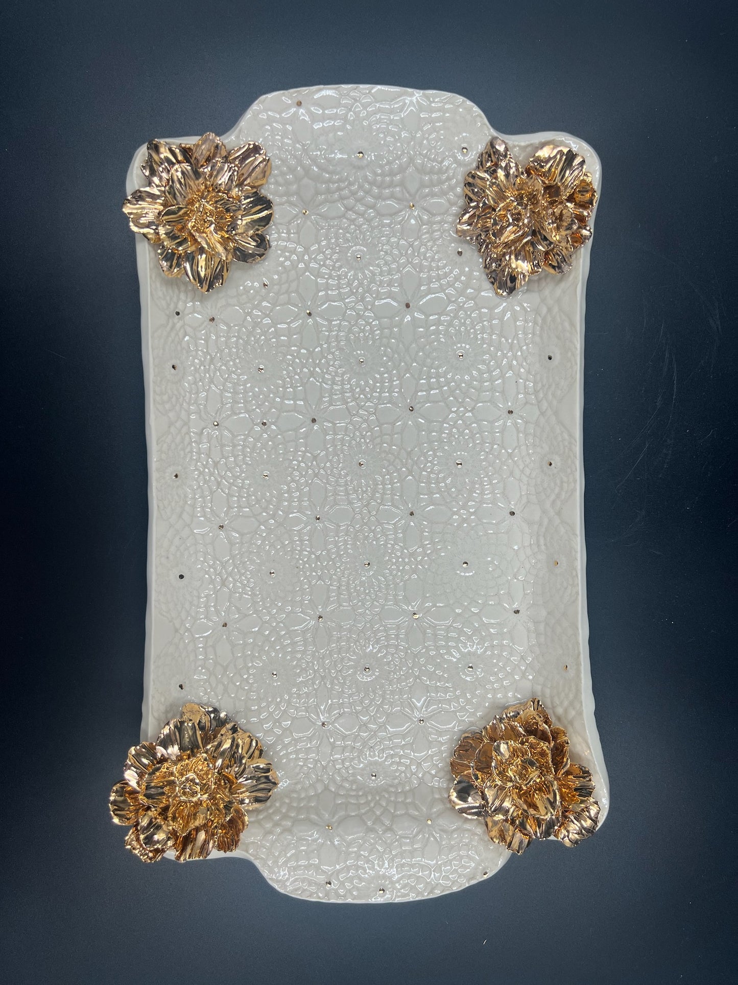 Cream lace tray with corner flowers and gold rim