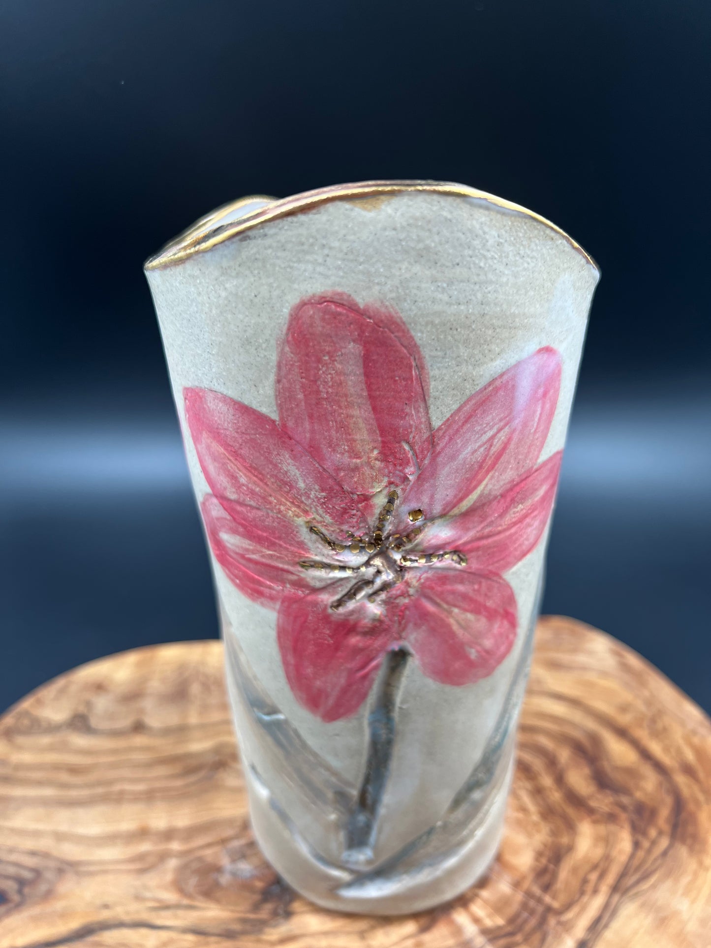 Stone pink floral vase with gold detail
