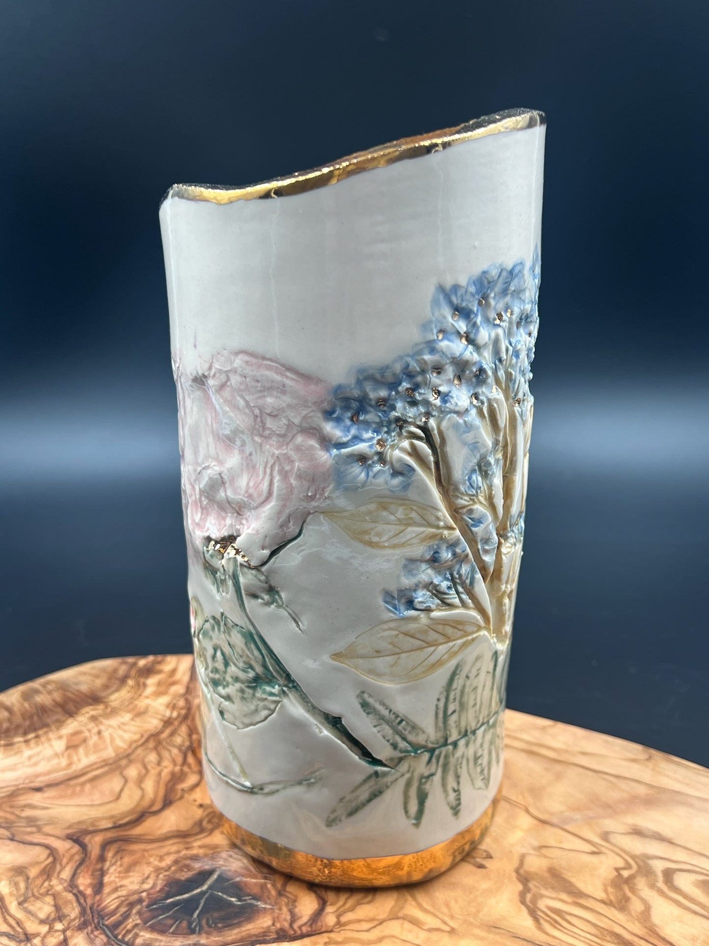 Color floral vase with sepia lace interior and rim