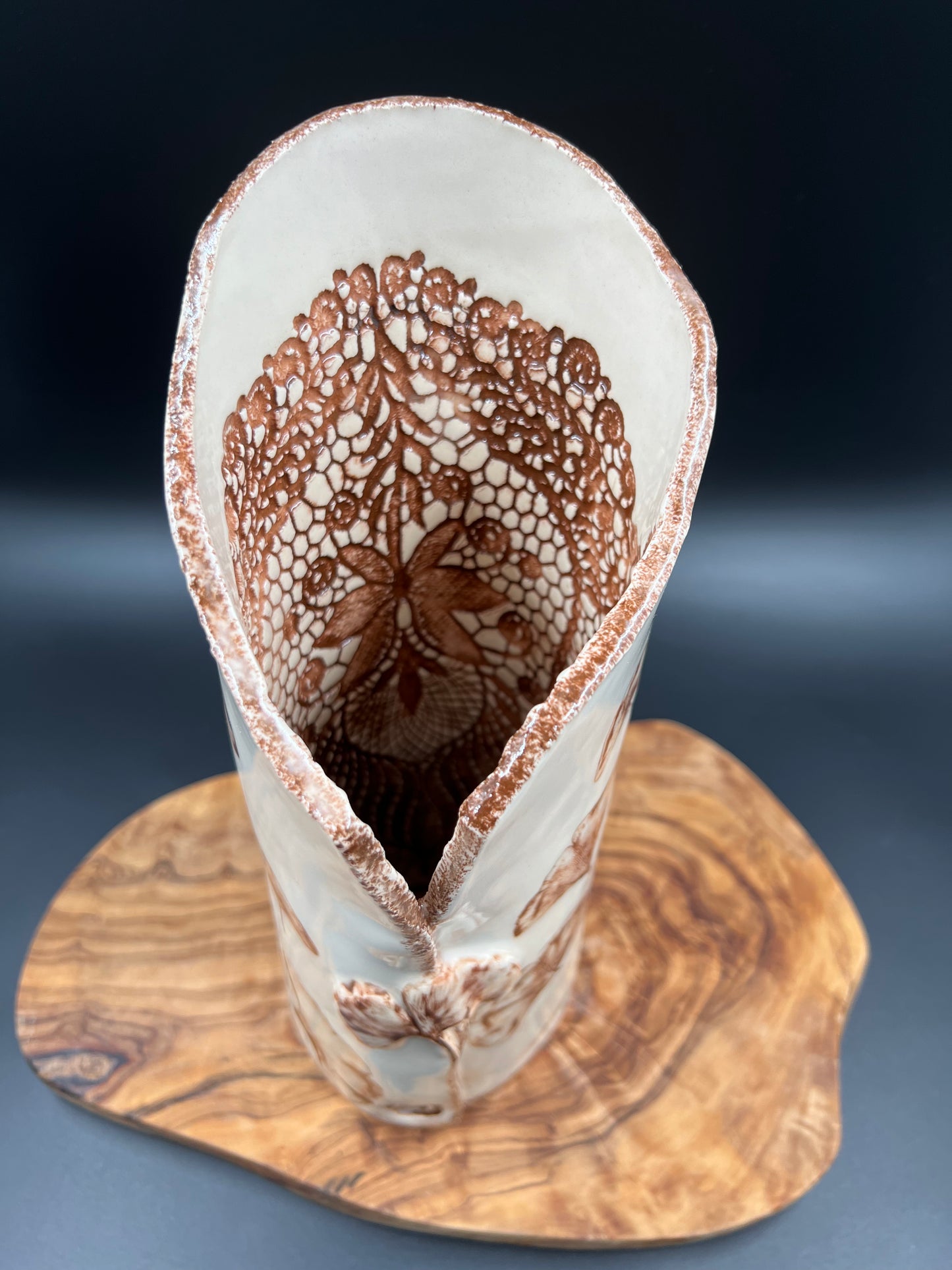 Sepia vase with sepia lace interior, tall