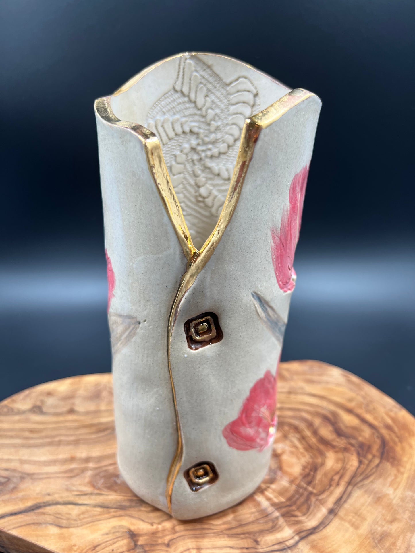 Stone pink floral vase with gold detail