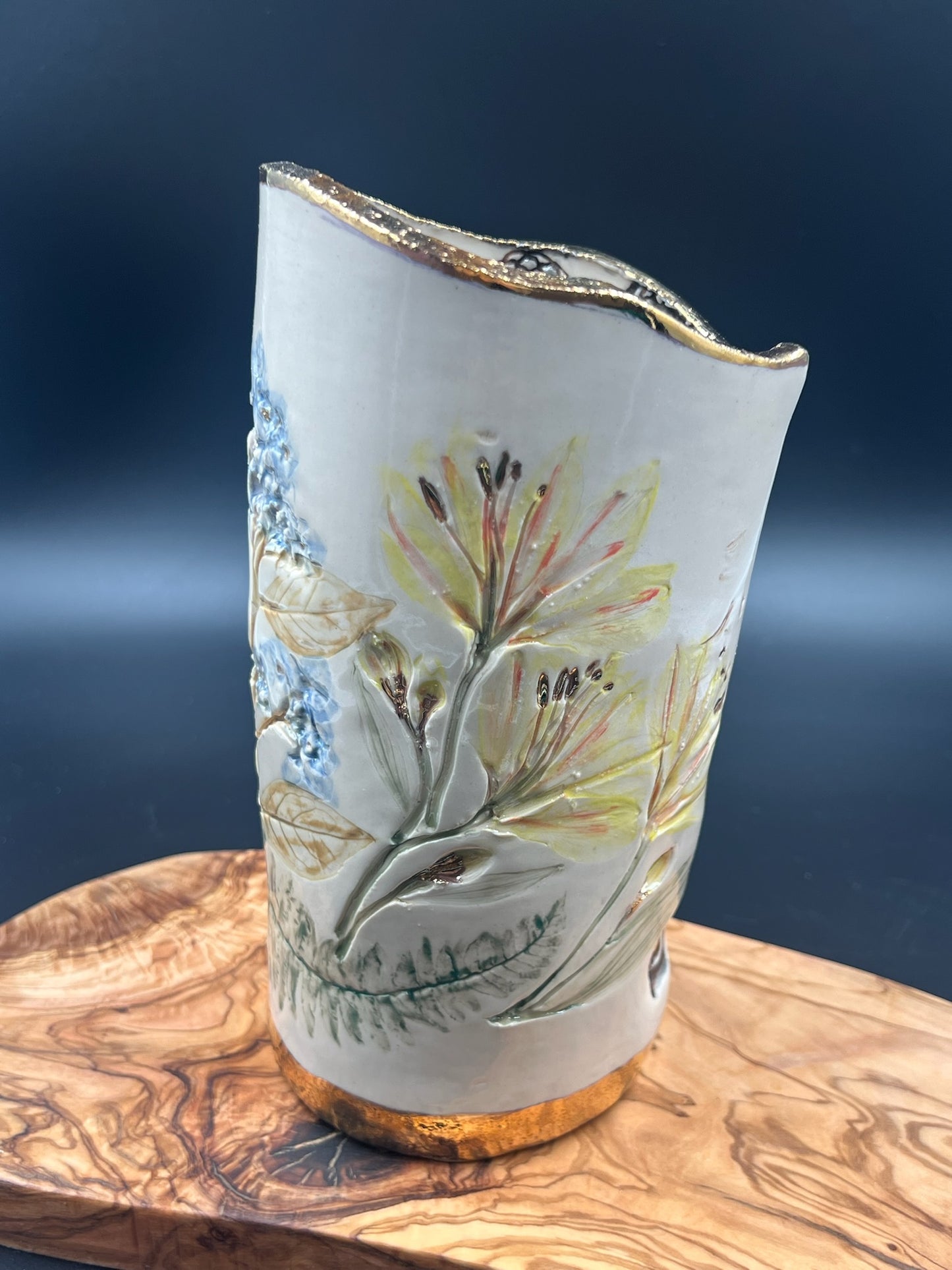 Color floral vase with sepia lace interior and rim