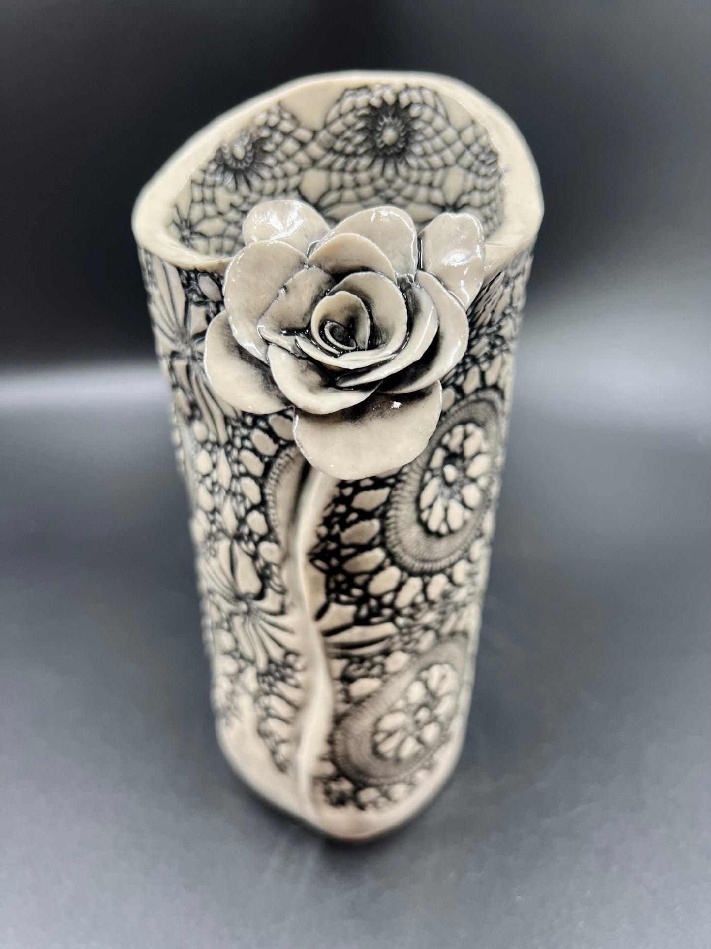 Antique Crochet and Flower Blackwash Vase