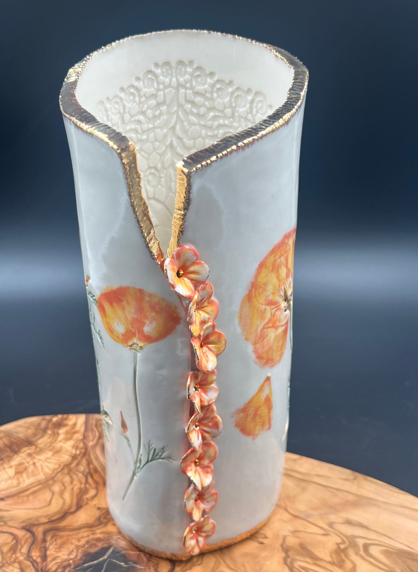 California Poppy Ceramic Porcelain Vase with Cascading Flowers