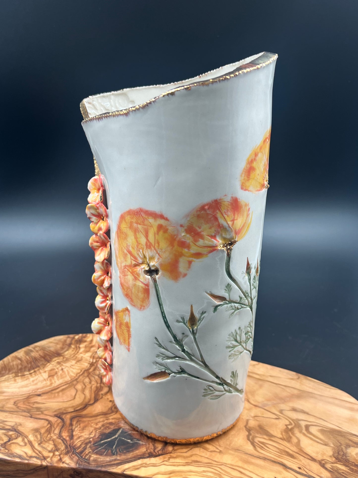 California Poppy Ceramic Porcelain Vase with Cascading Flowers