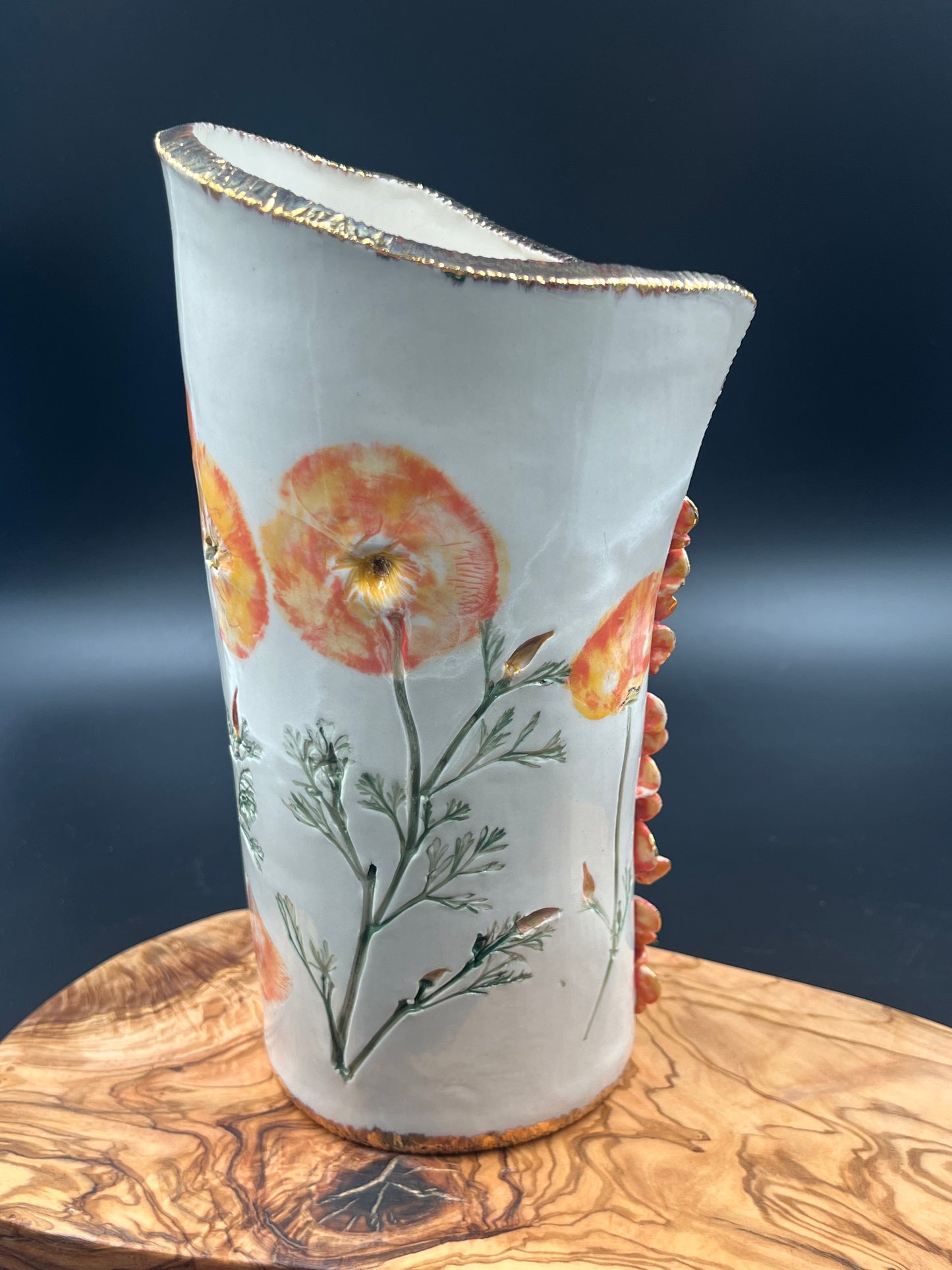 California Poppy Ceramic Porcelain Vase with Cascading Flowers