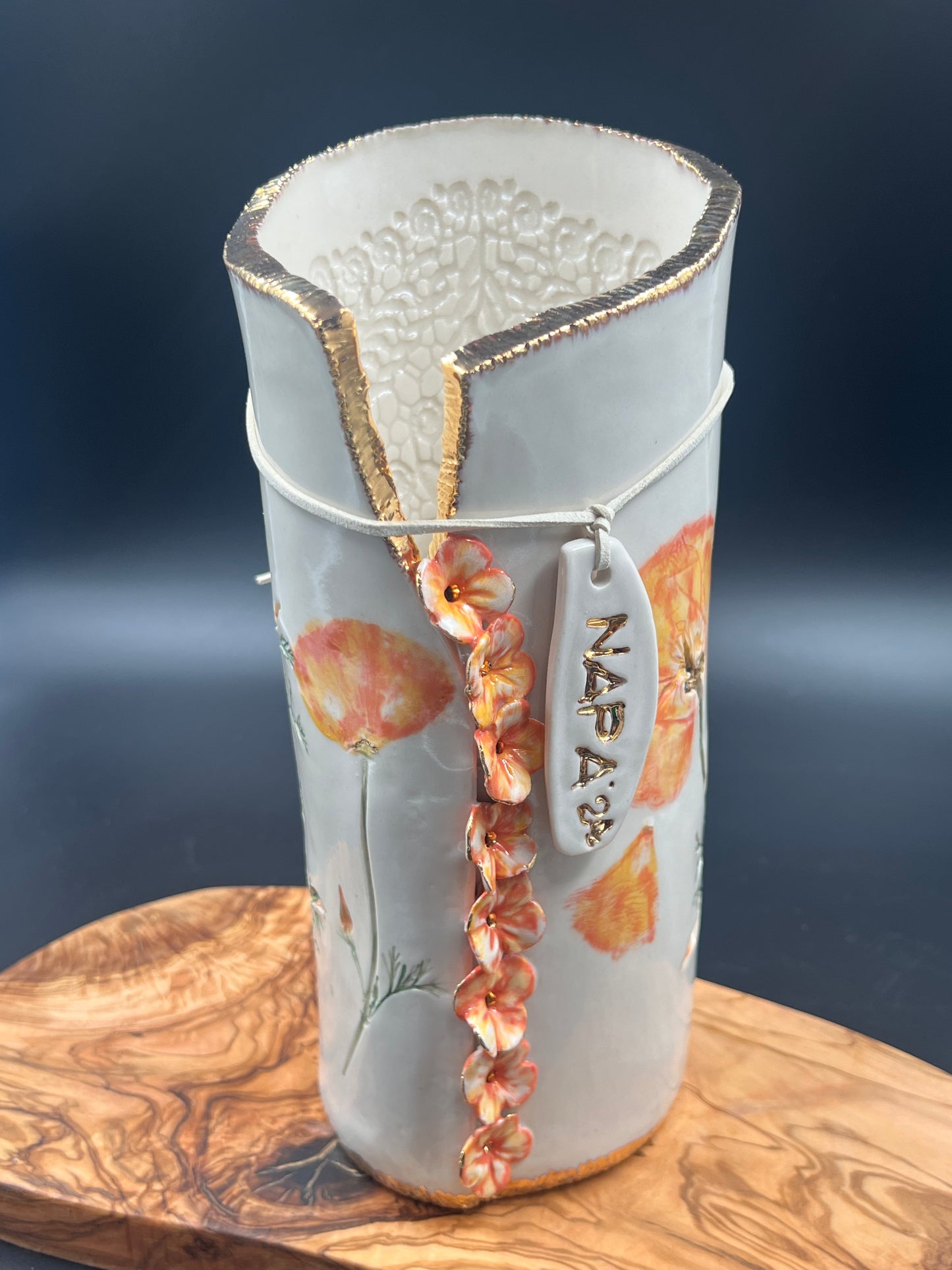 California Poppy Ceramic Porcelain Vase with Cascading Flowers