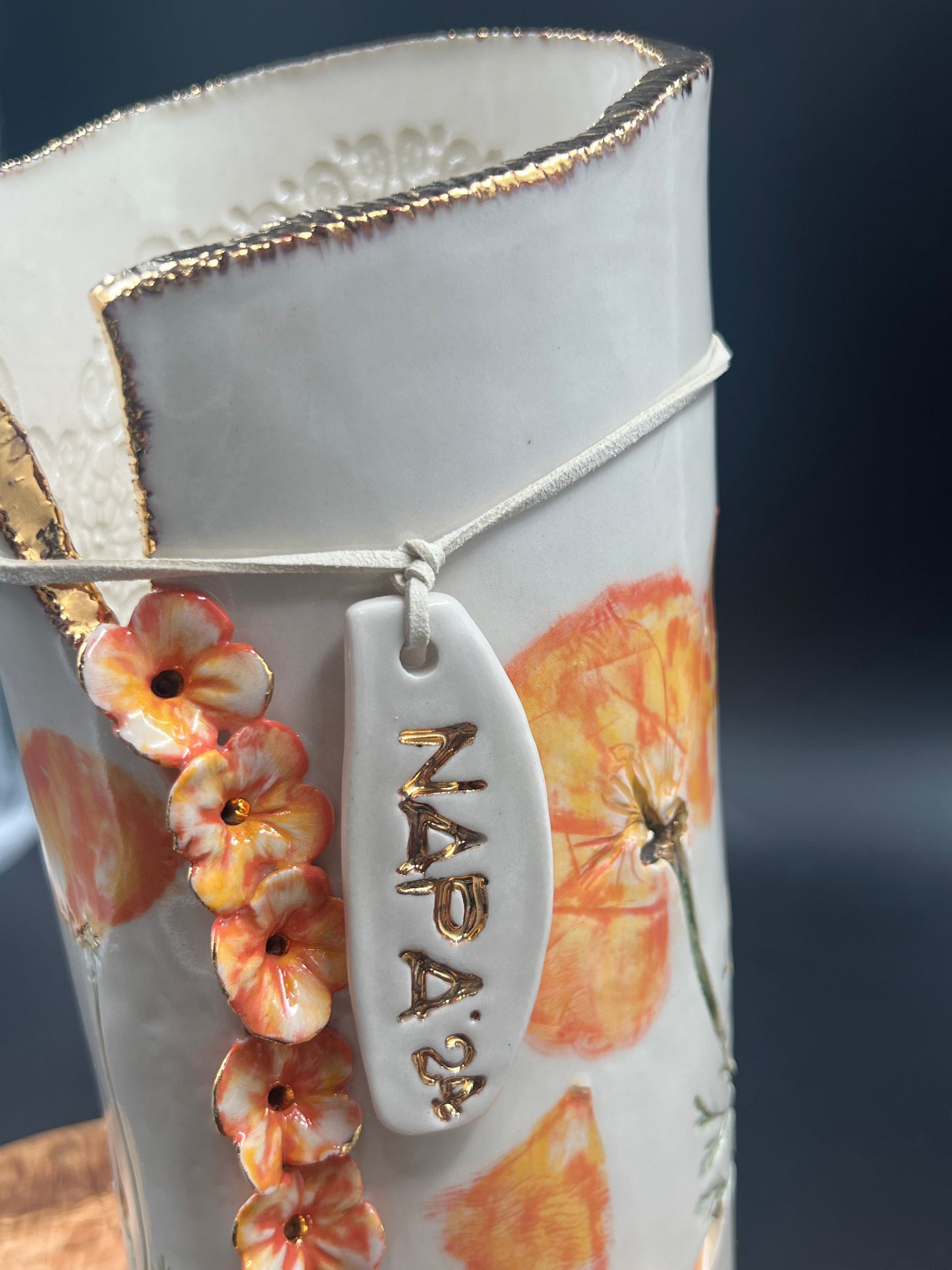California Poppy Ceramic Porcelain Vase with Cascading Flowers