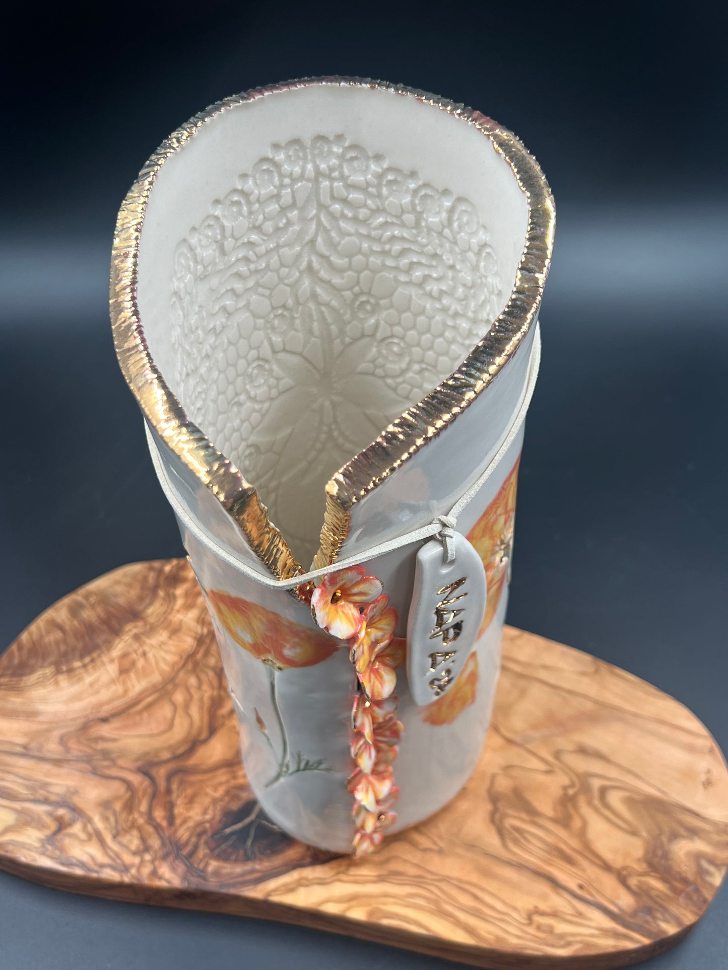 California Poppy Ceramic Porcelain Vase with Cascading Flowers