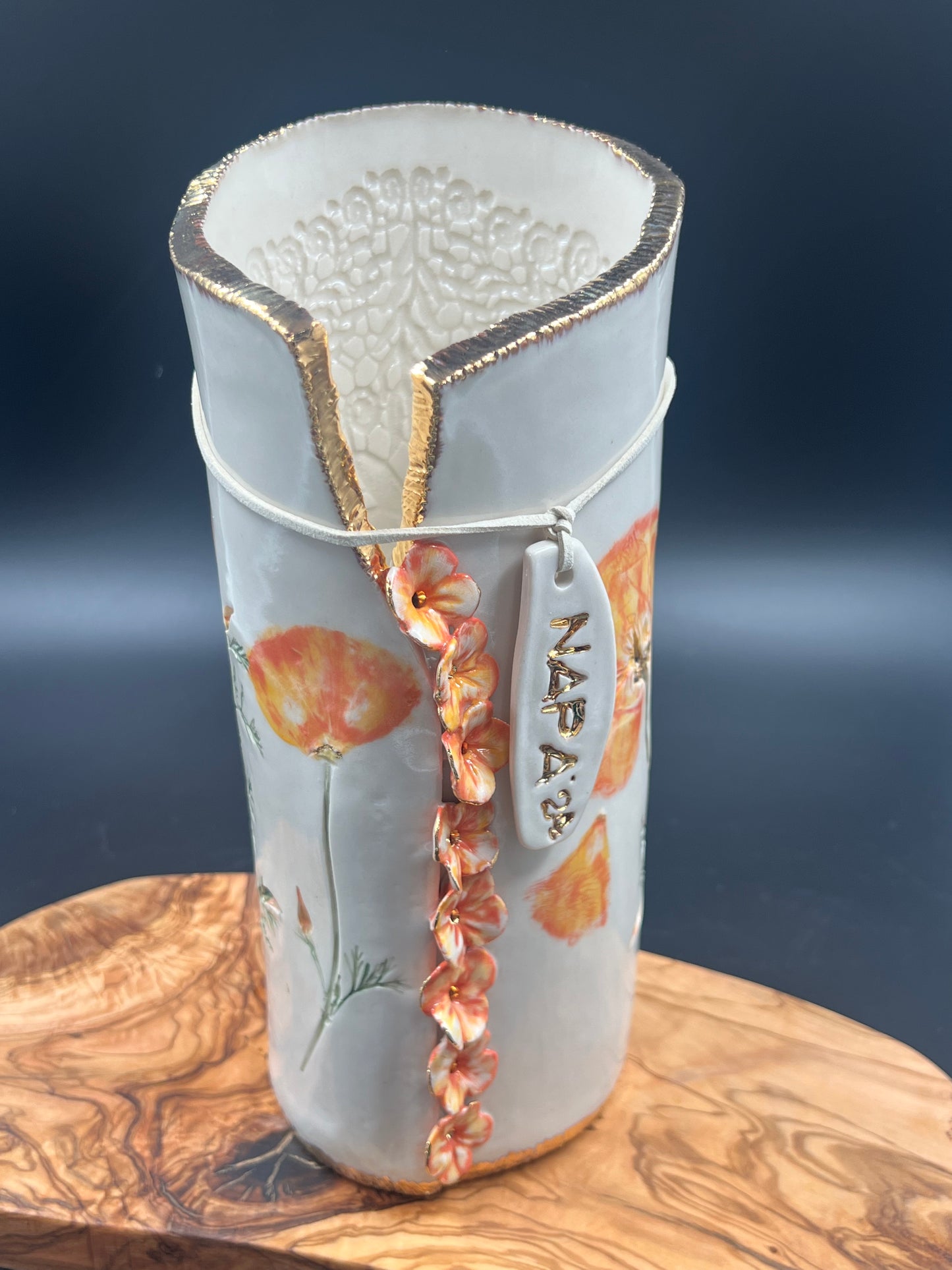 California Poppy Ceramic Porcelain Vase with Cascading Flowers