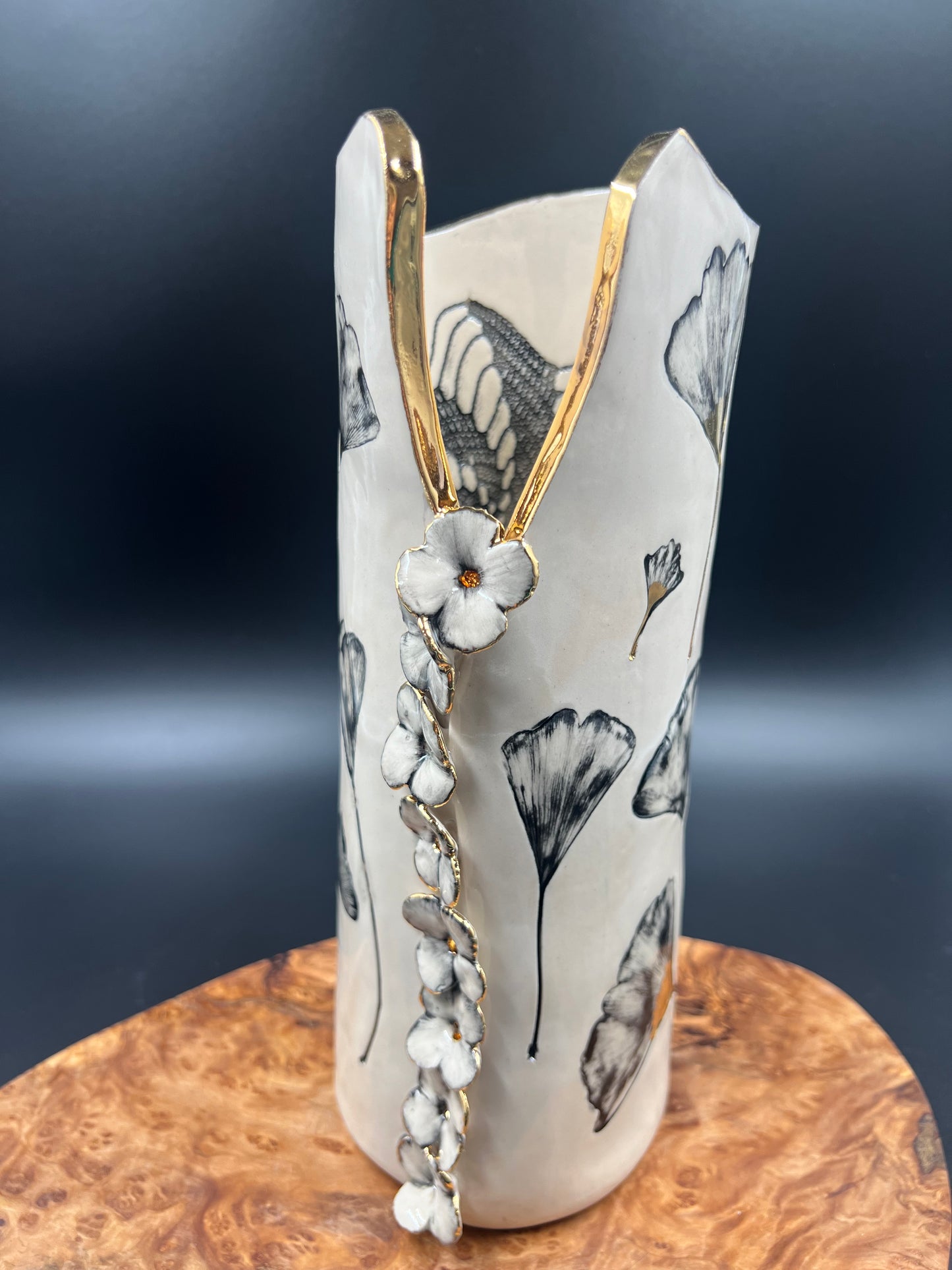 Gingko Leaf and Flower Vase, Black and Gold