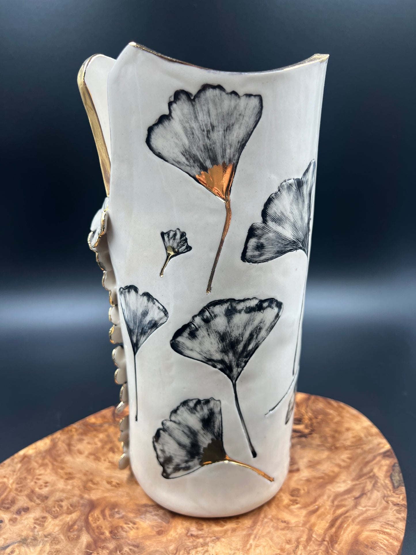 Gingko Leaf and Flower Vase, Black and Gold