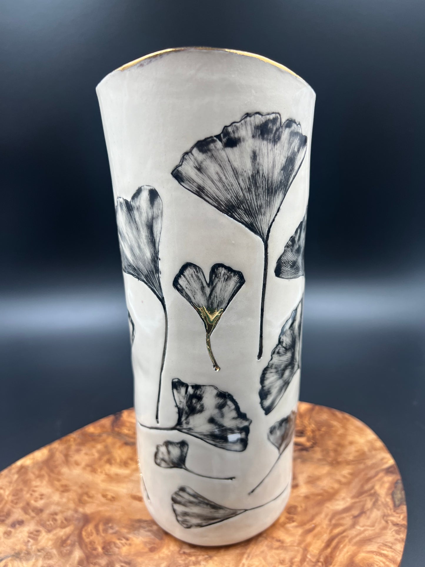 Gingko Leaf and Flower Vase, Black and Gold