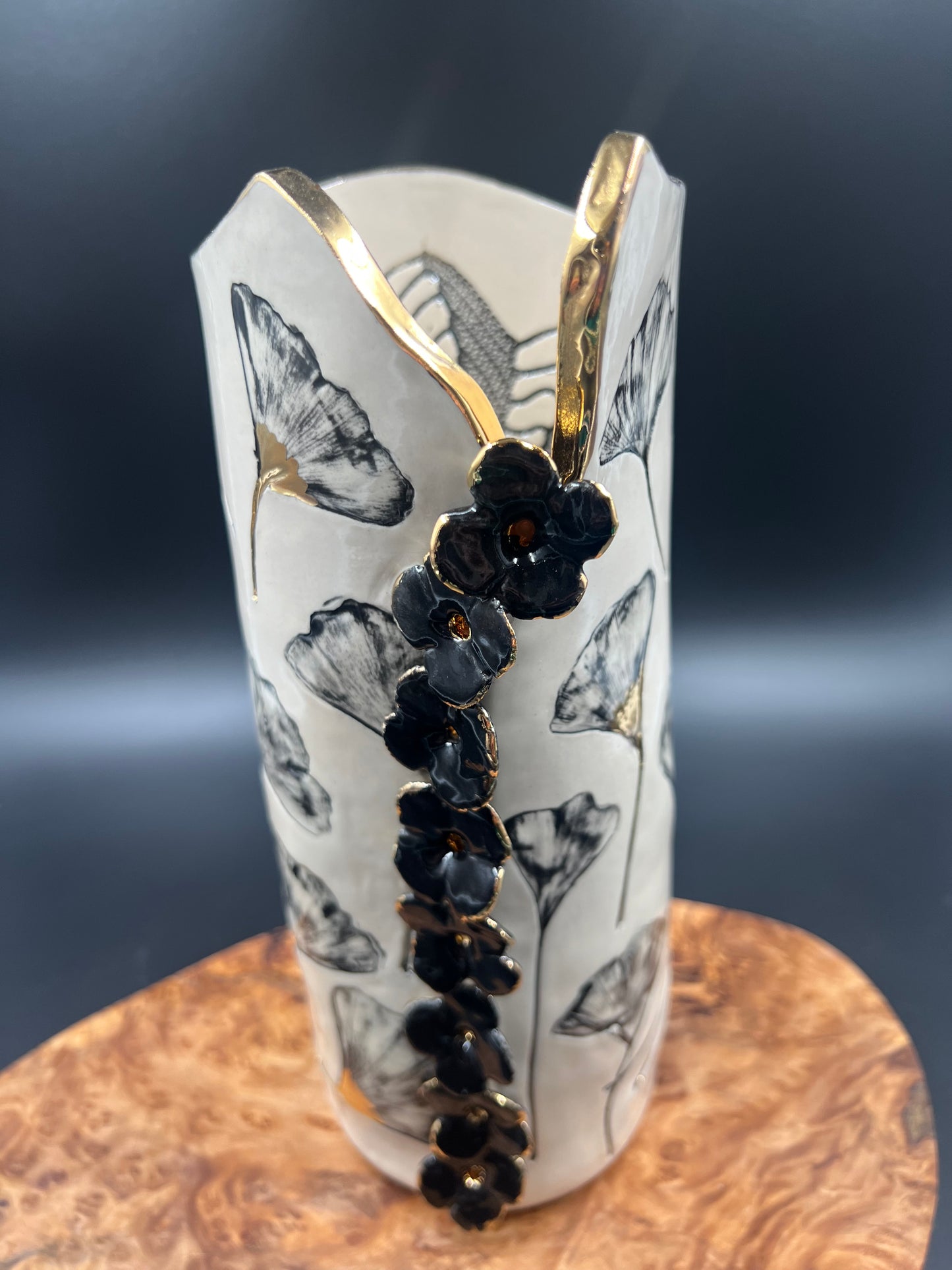 Gingko Leaf Vase with Flower Accents, black and gold