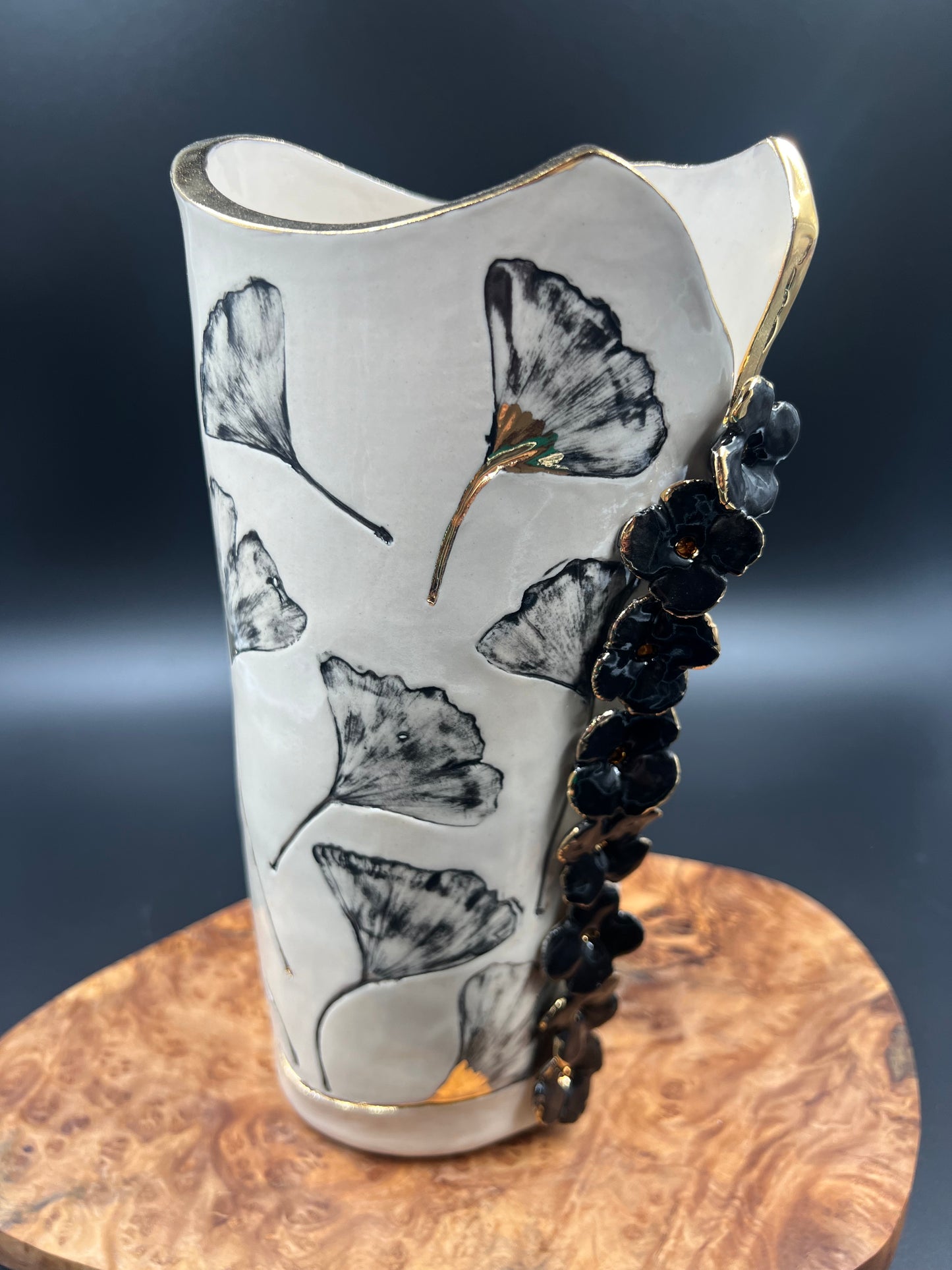 Gingko Leaf Vase with Flower Accents, black and gold