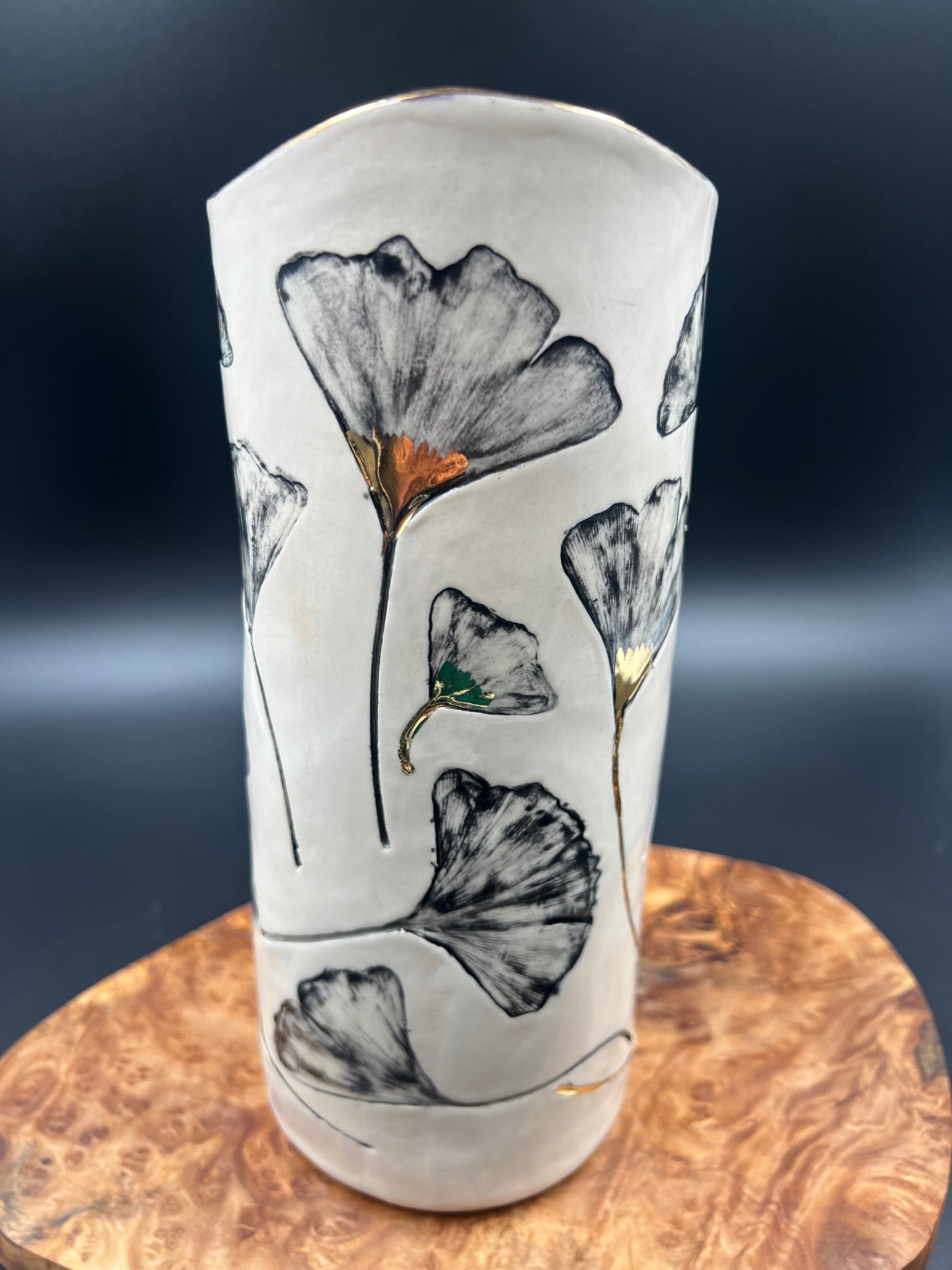 Gingko Leaf Vase with Flower Accents, black and gold