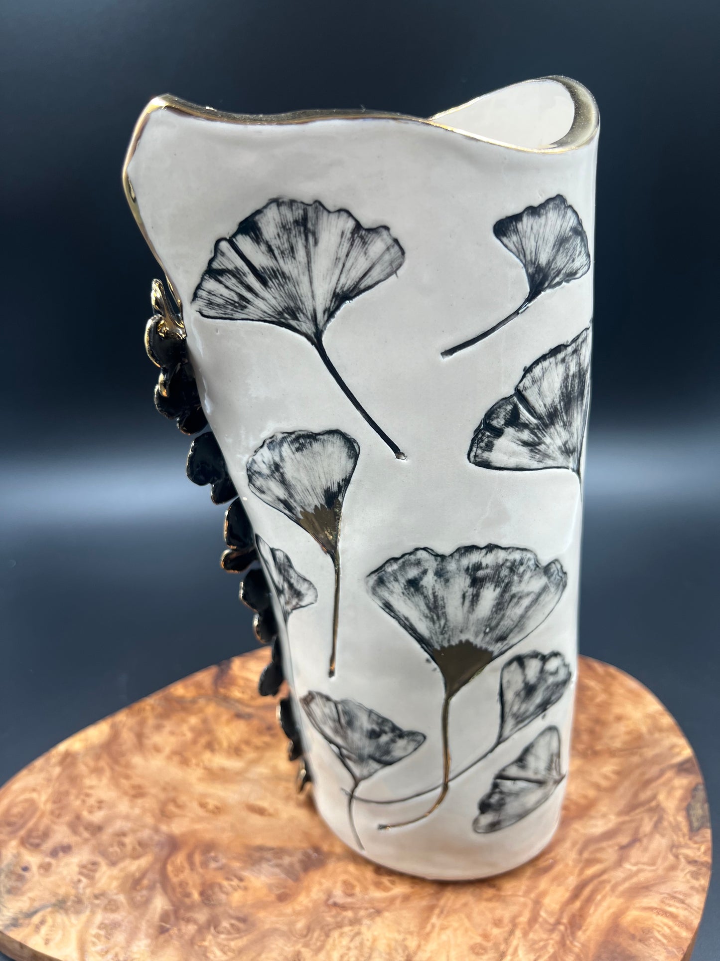 Gingko Leaf Vase with Flower Accents, black and gold