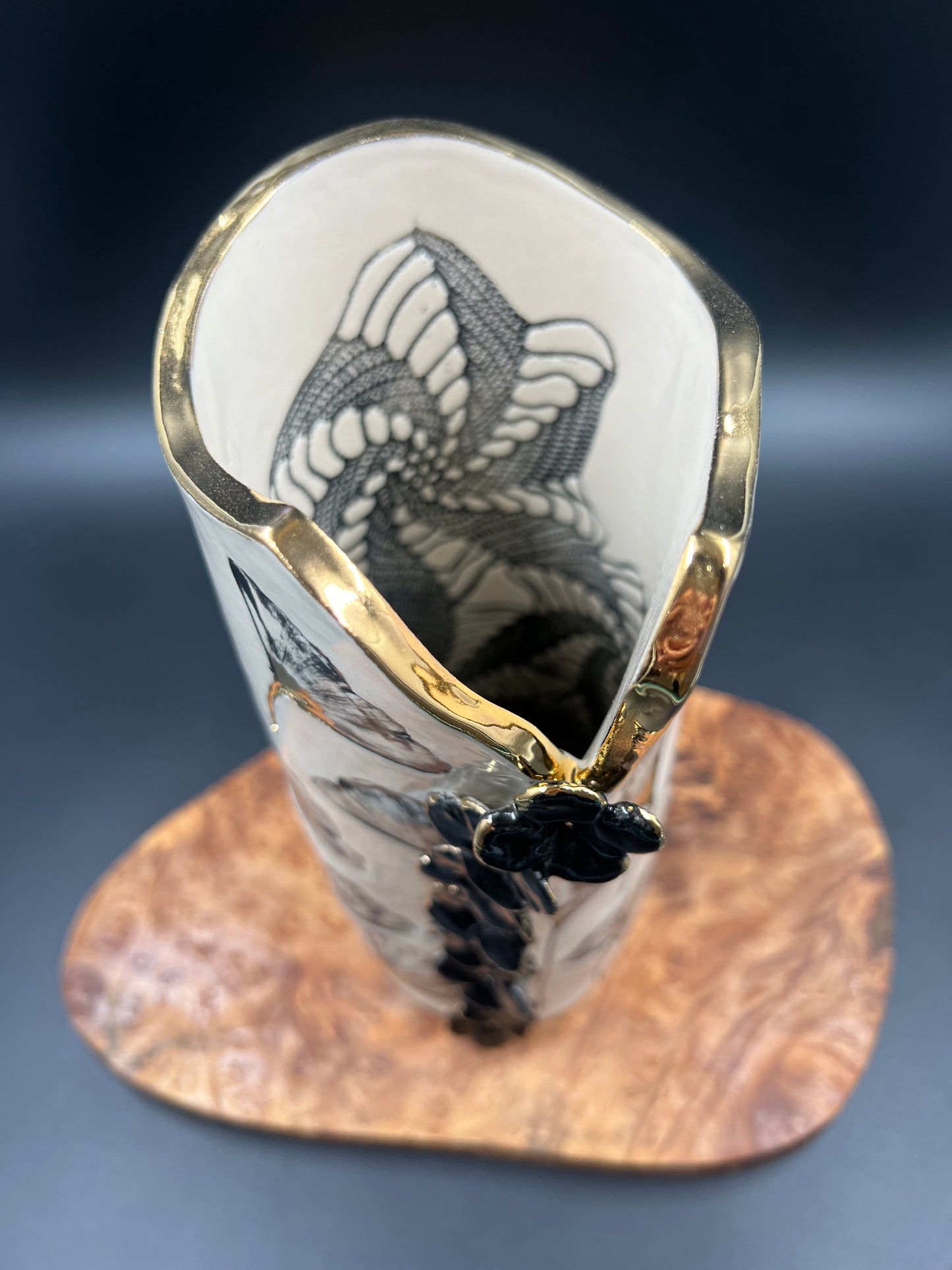 Gingko Leaf Vase with Flower Accents, black and gold