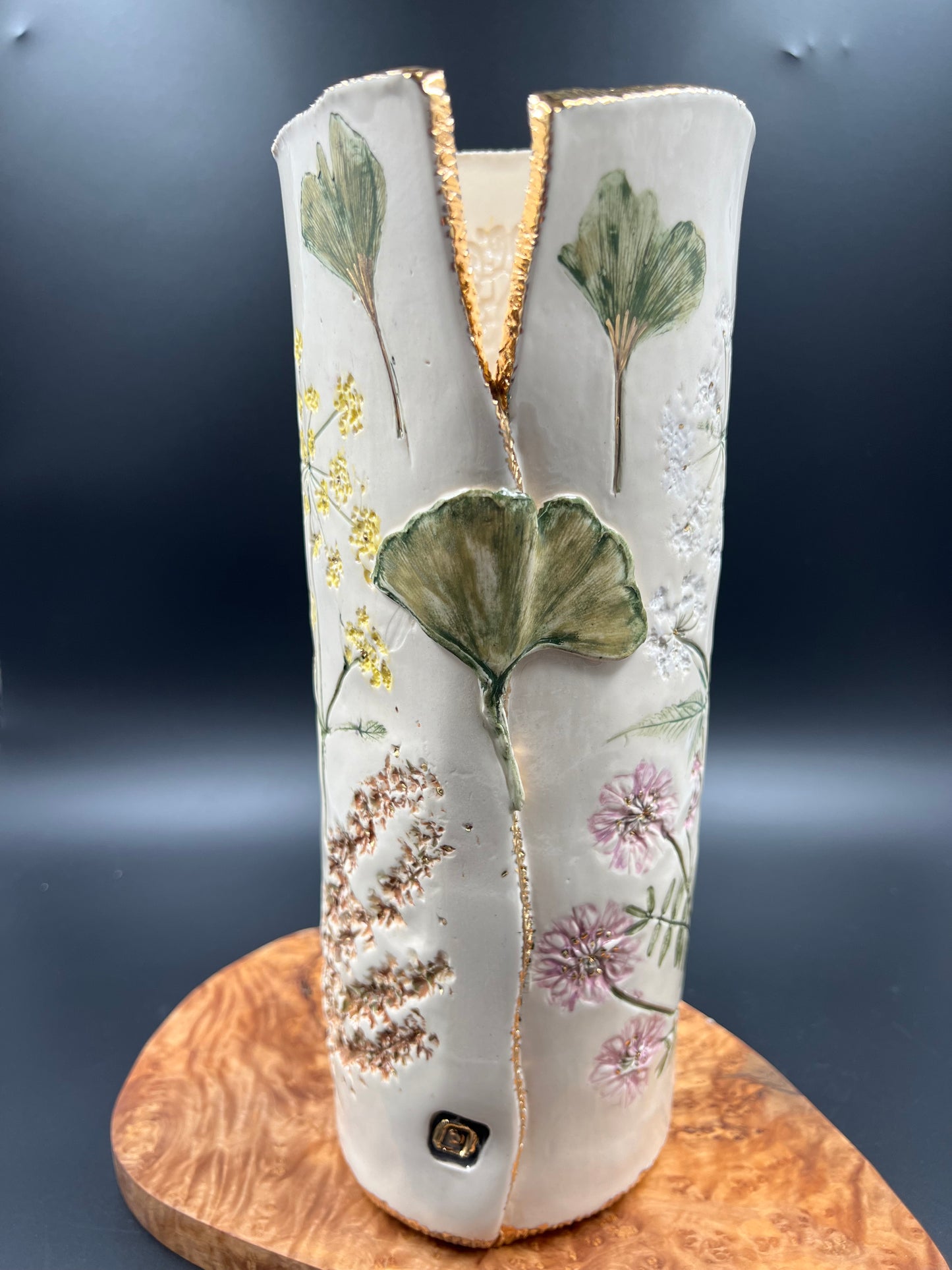 Wildflower and GInkgo Porcelain Ceramic Vase with Gold Accents