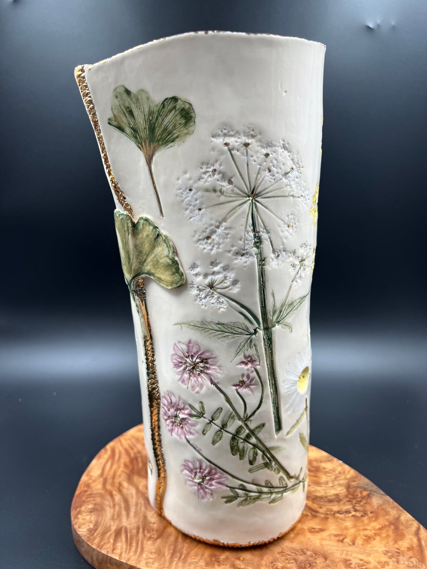 Wildflower and GInkgo Porcelain Ceramic Vase with Gold Accents