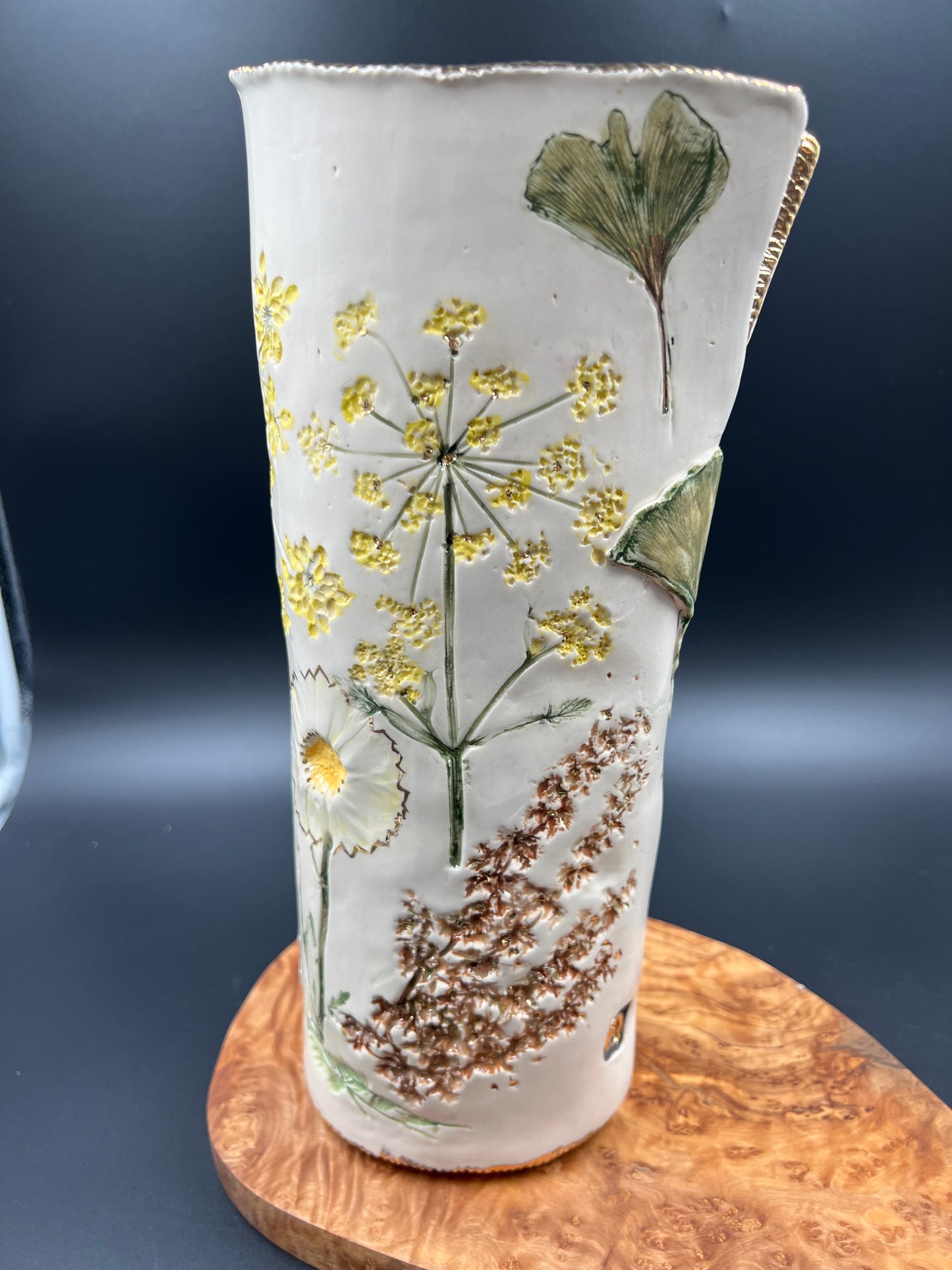 Wildflower and GInkgo Porcelain Ceramic Vase with Gold Accents