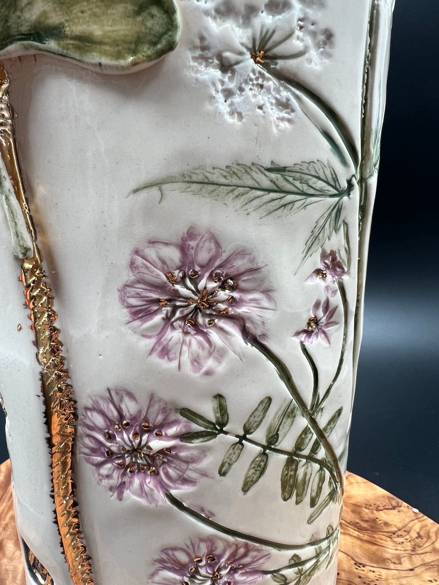 Wildflower and GInkgo Porcelain Ceramic Vase with Gold Accents