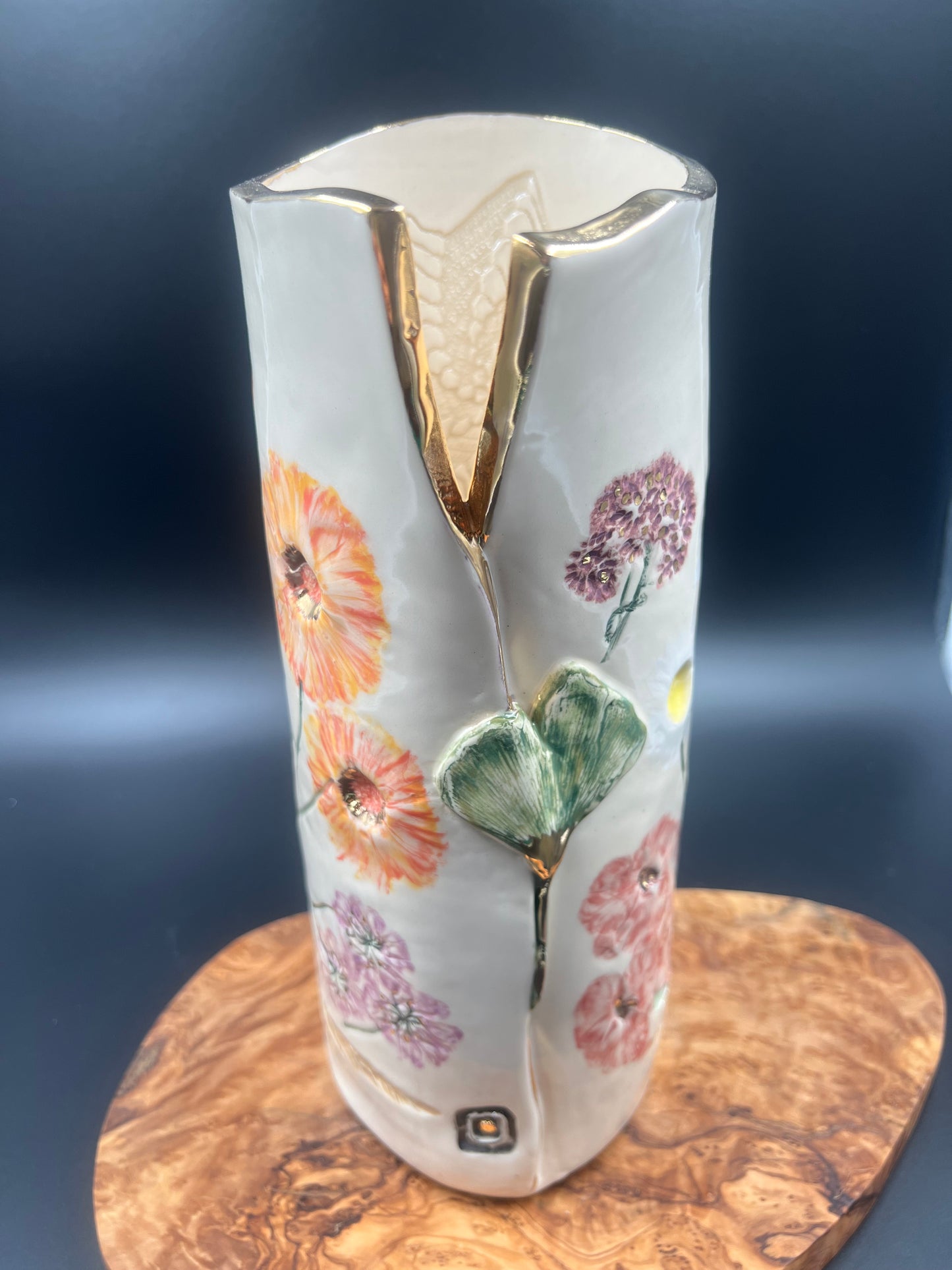 Ginkgo and Wildflower Vase with gold accents