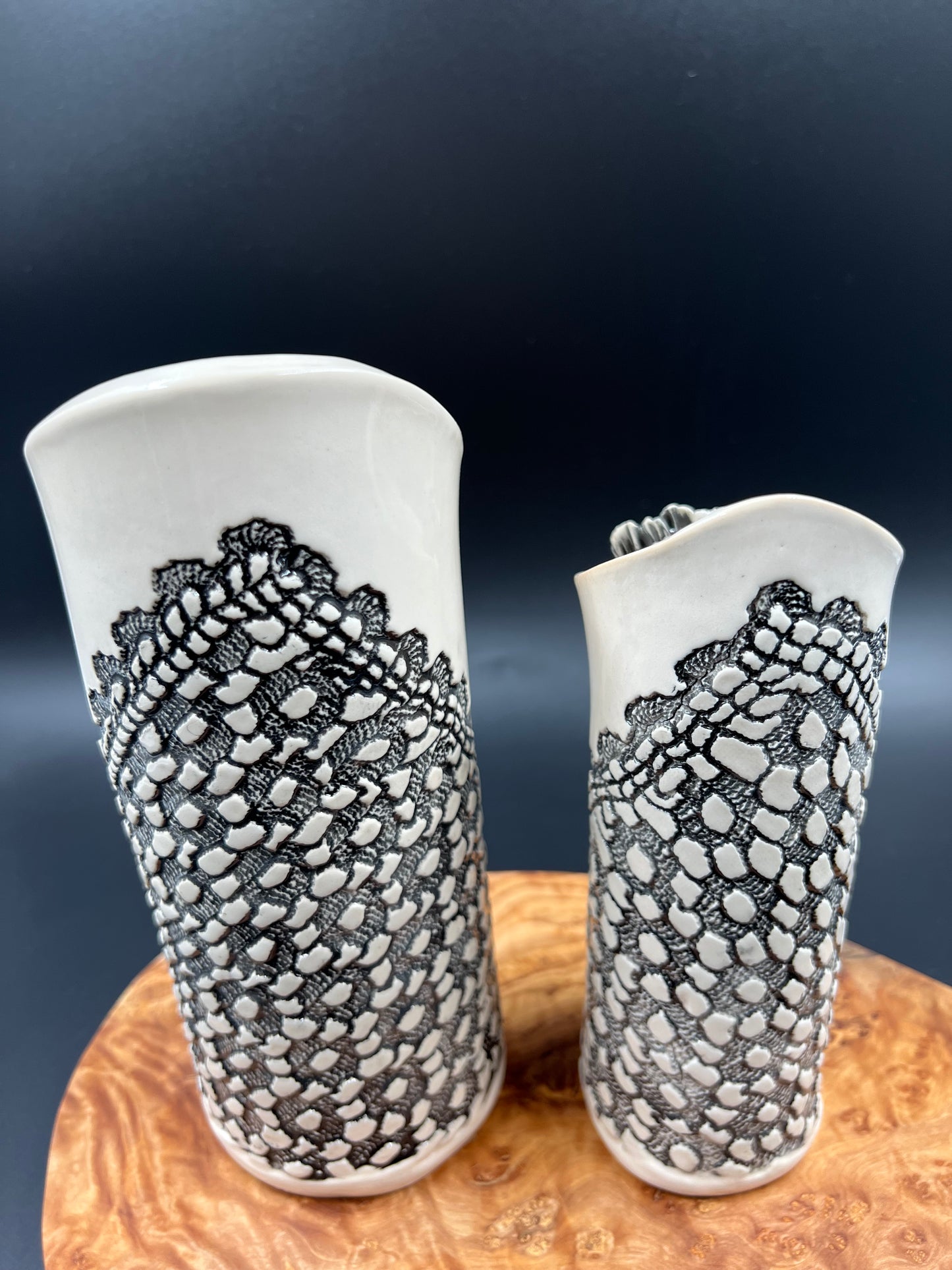 Small Black Wash Antique Crochet Vase