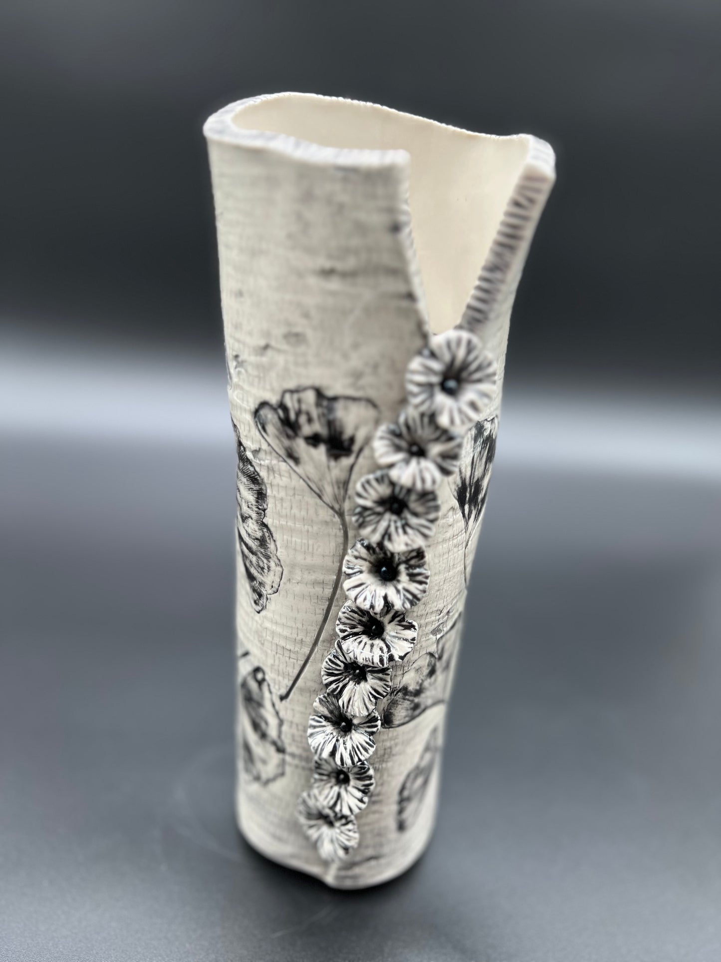 Birch wood and Ginkgo Black Wash Vase with Cascading Flowers