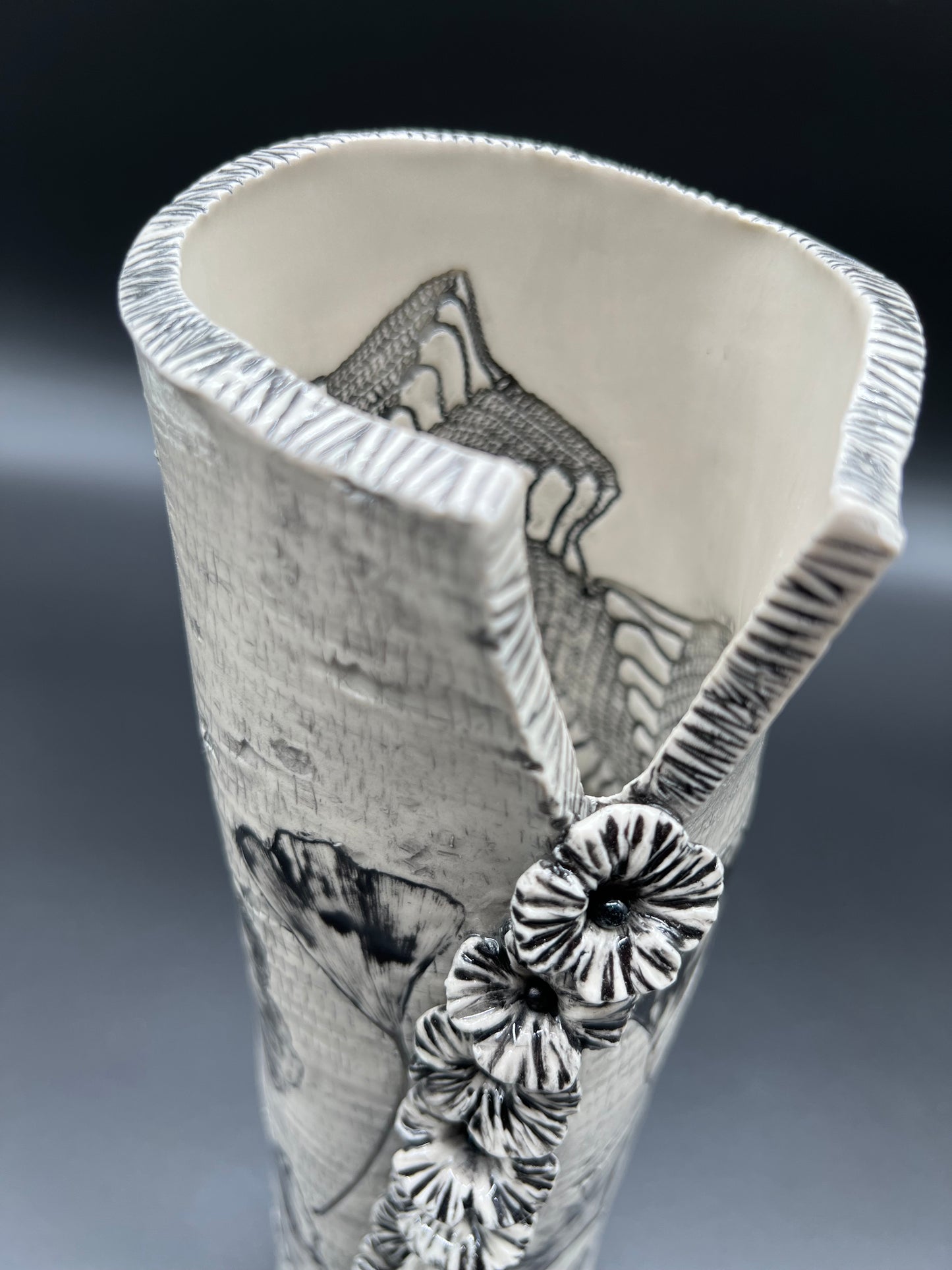 Birch wood and Ginkgo Black Wash Vase with Cascading Flowers