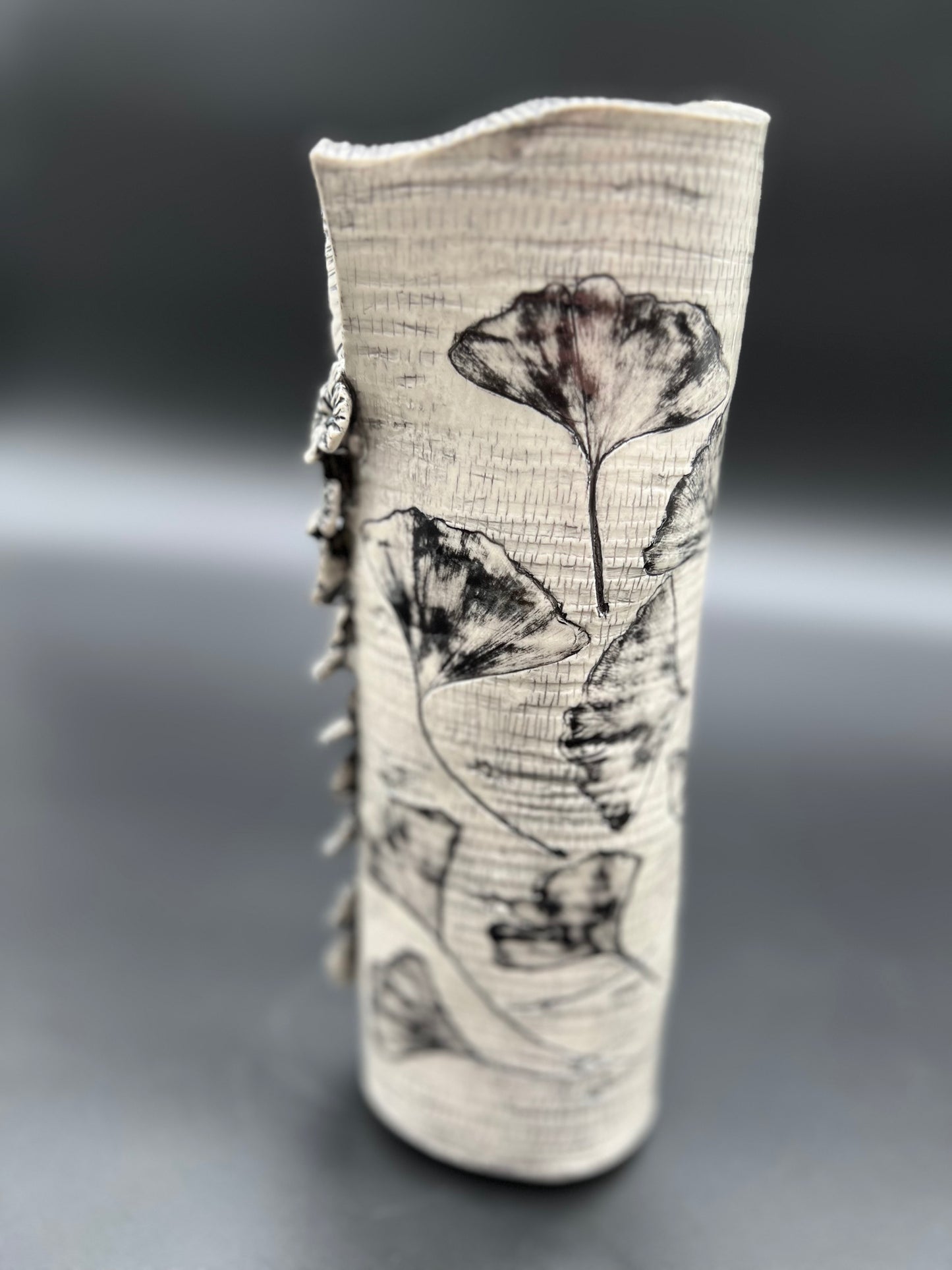 Birch wood and Ginkgo Black Wash Vase with Cascading Flowers