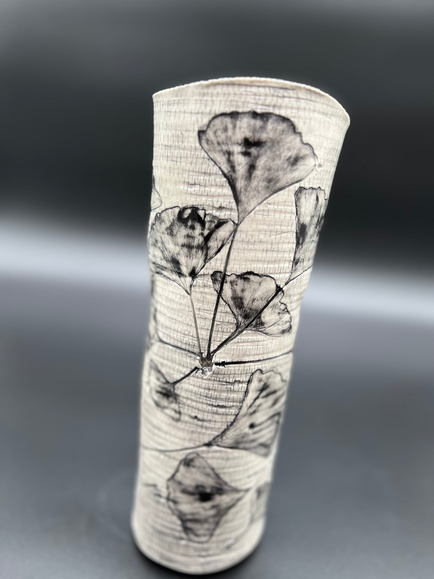 Birch wood and Ginkgo Black Wash Vase with Cascading Flowers