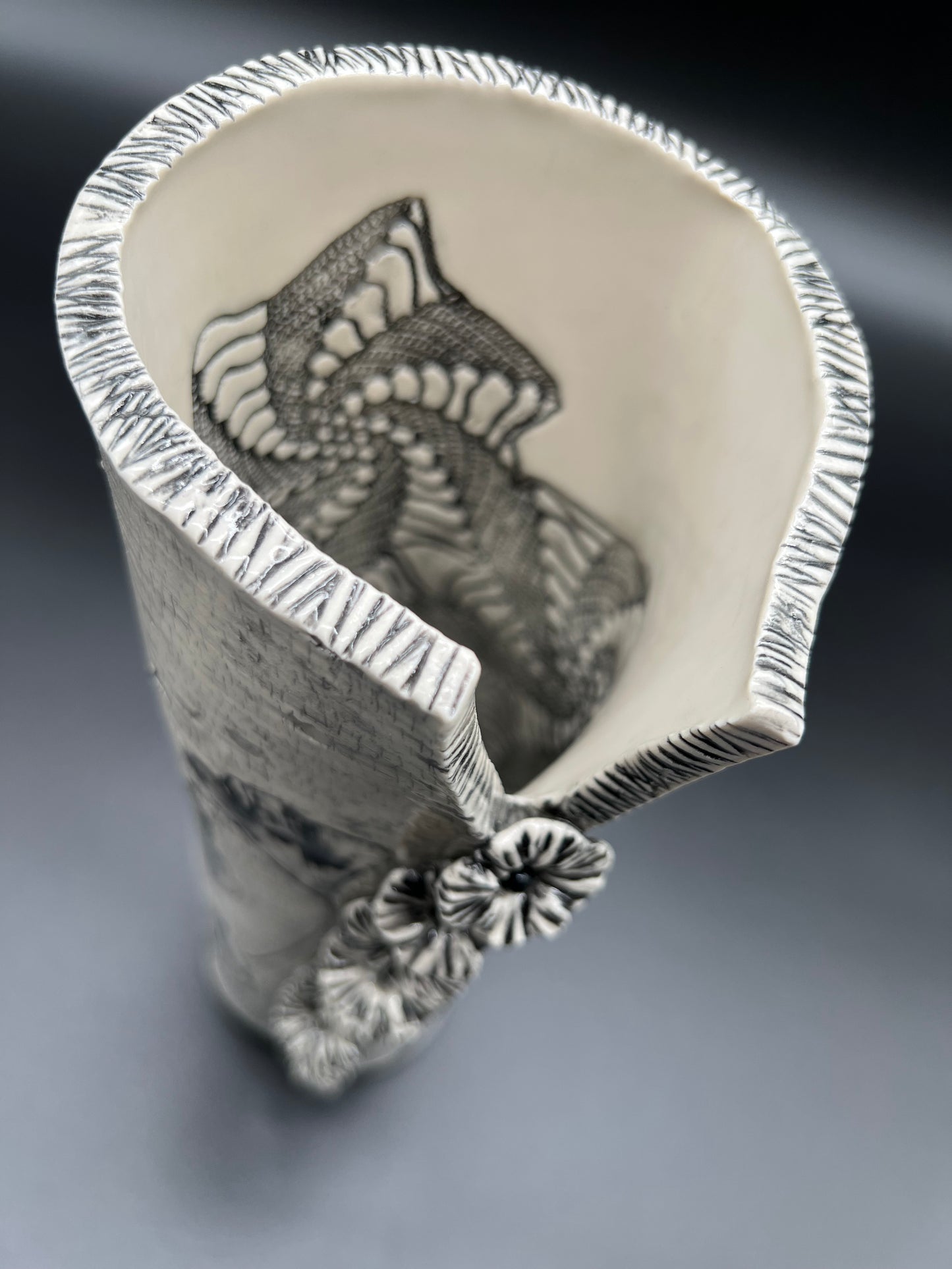 Birch wood and Ginkgo Black Wash Vase with Cascading Flowers