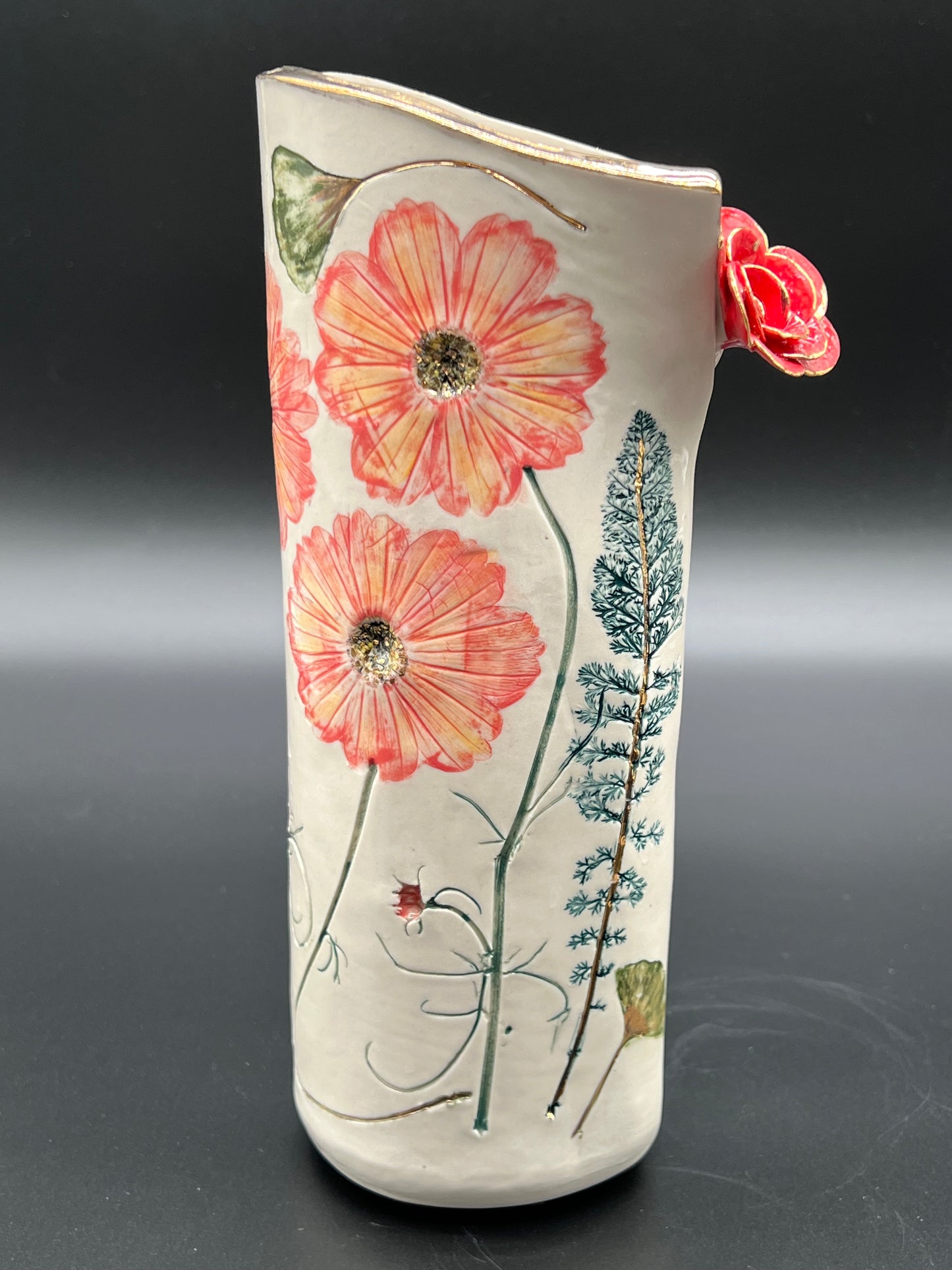 Red Flower and Wildflower Gold Vase