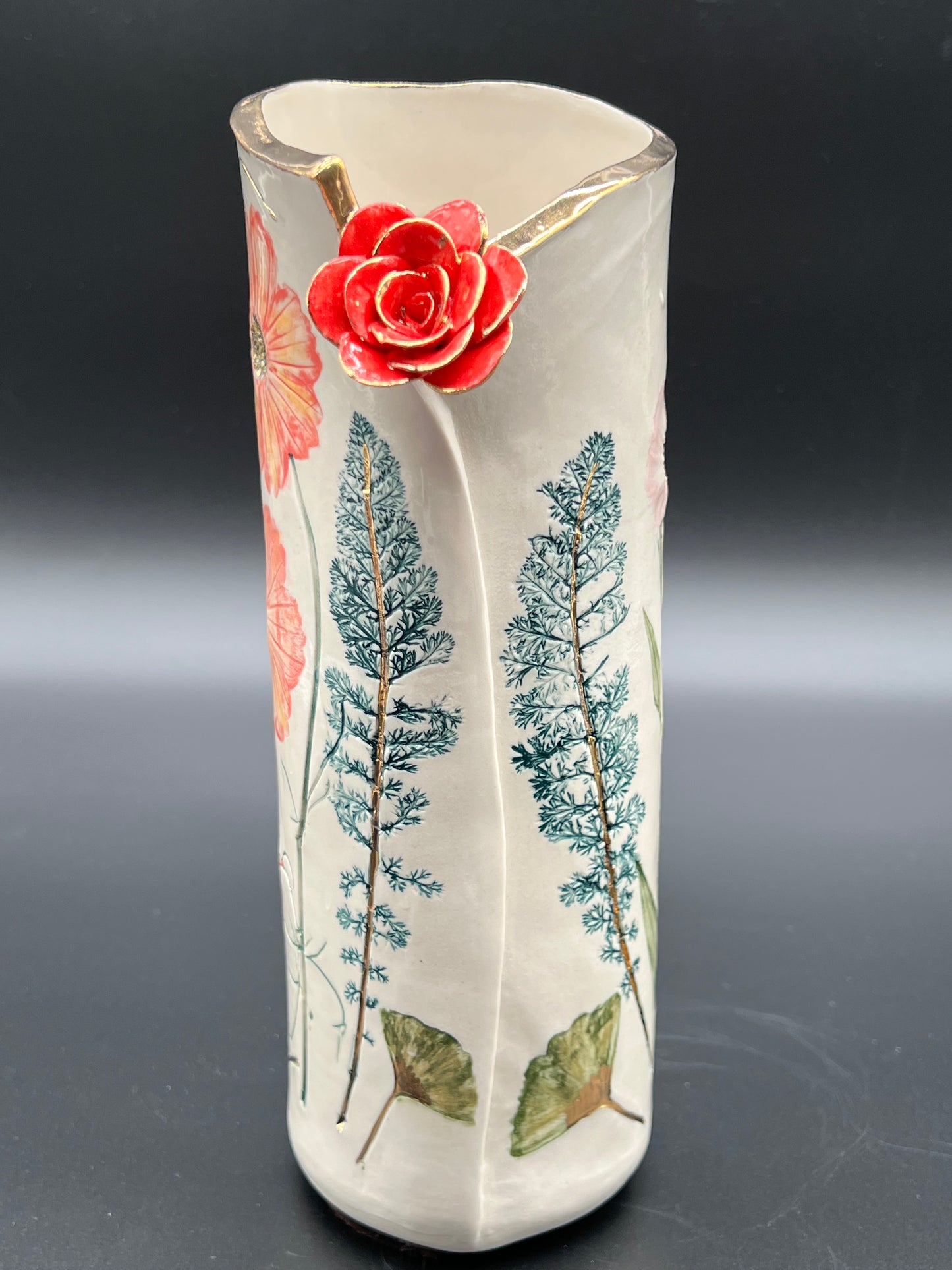 Red Flower and Wildflower Gold Vase