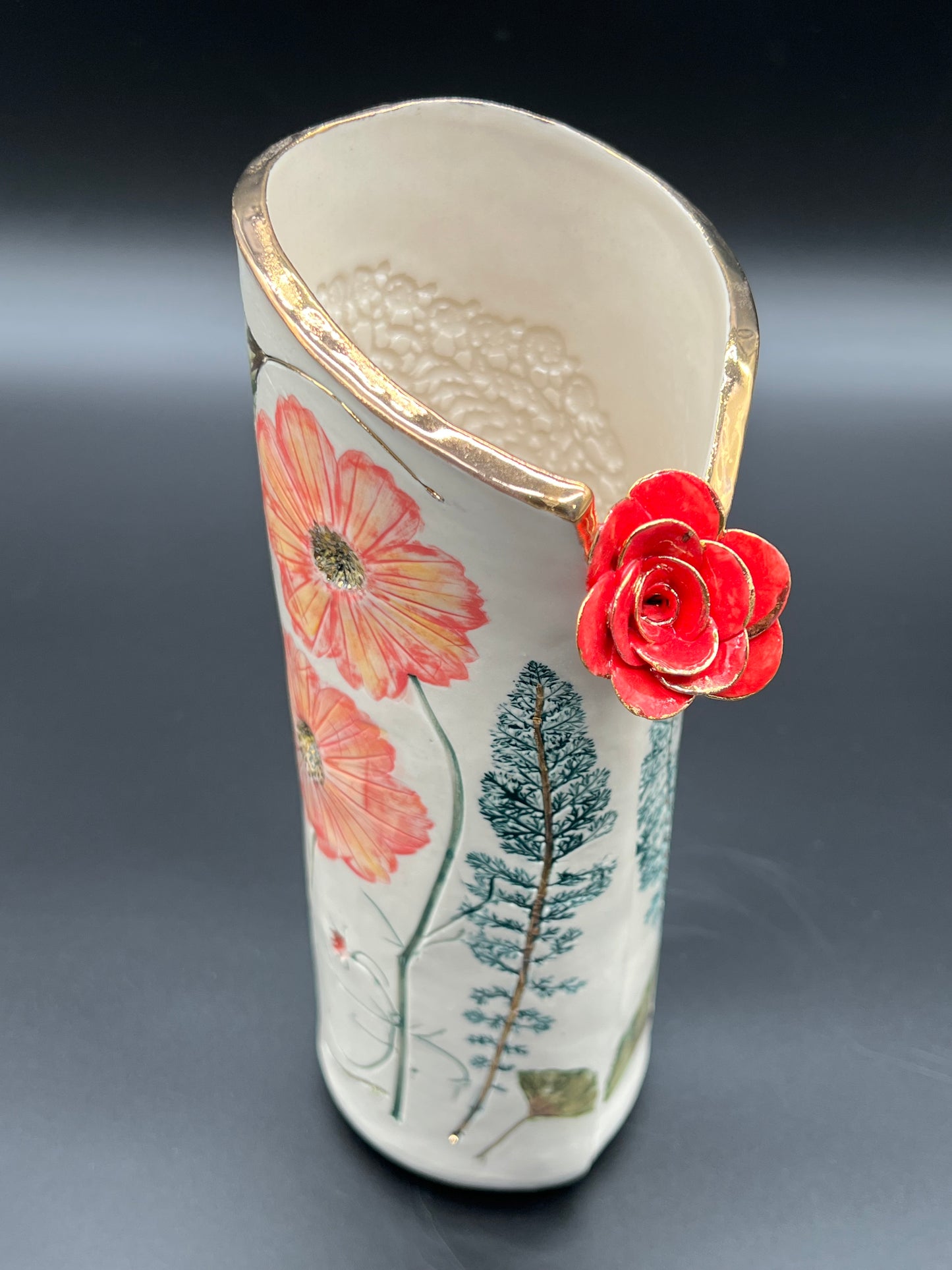 Red Flower and Wildflower Gold Vase