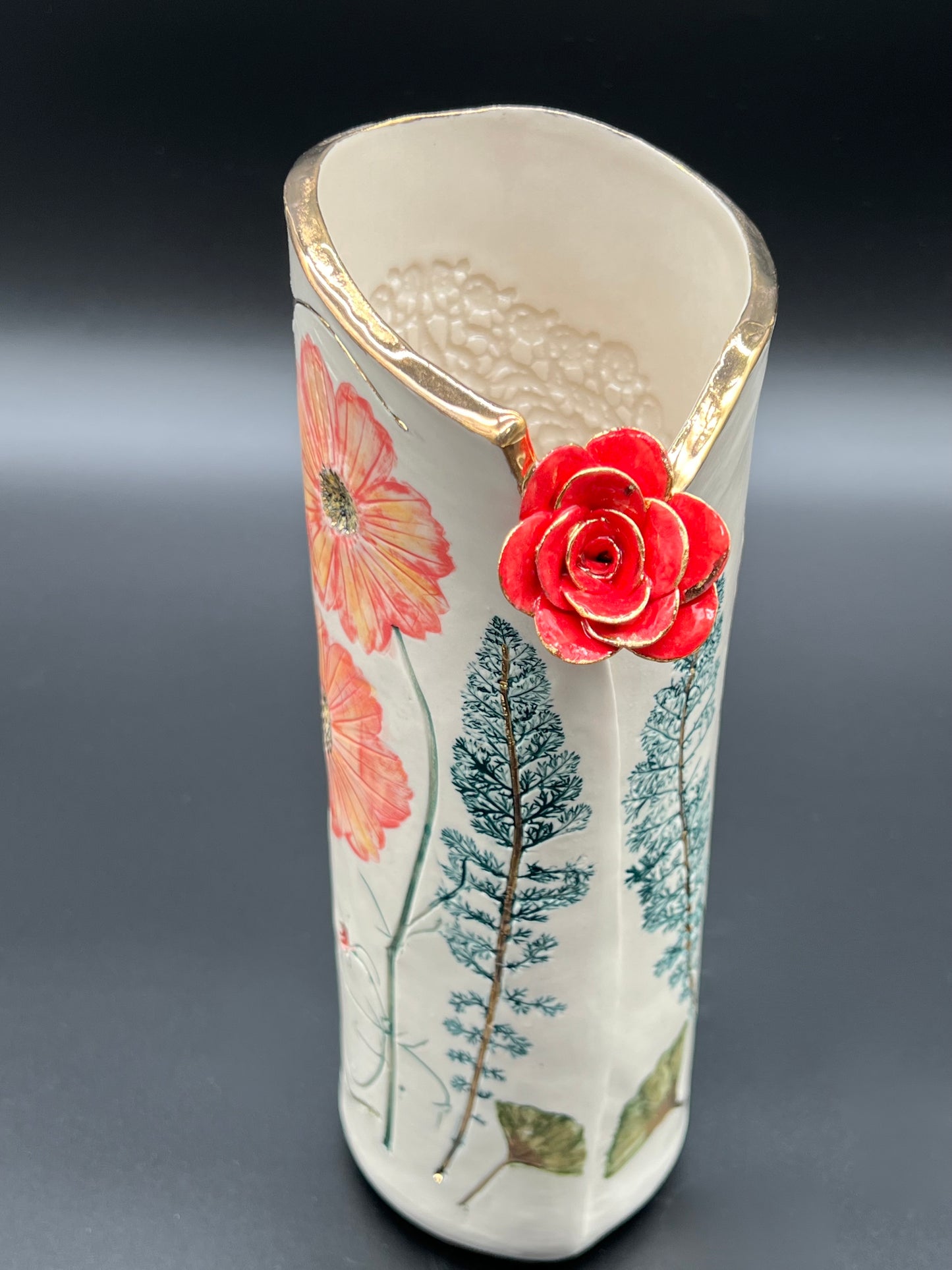 Red Flower and Wildflower Gold Vase