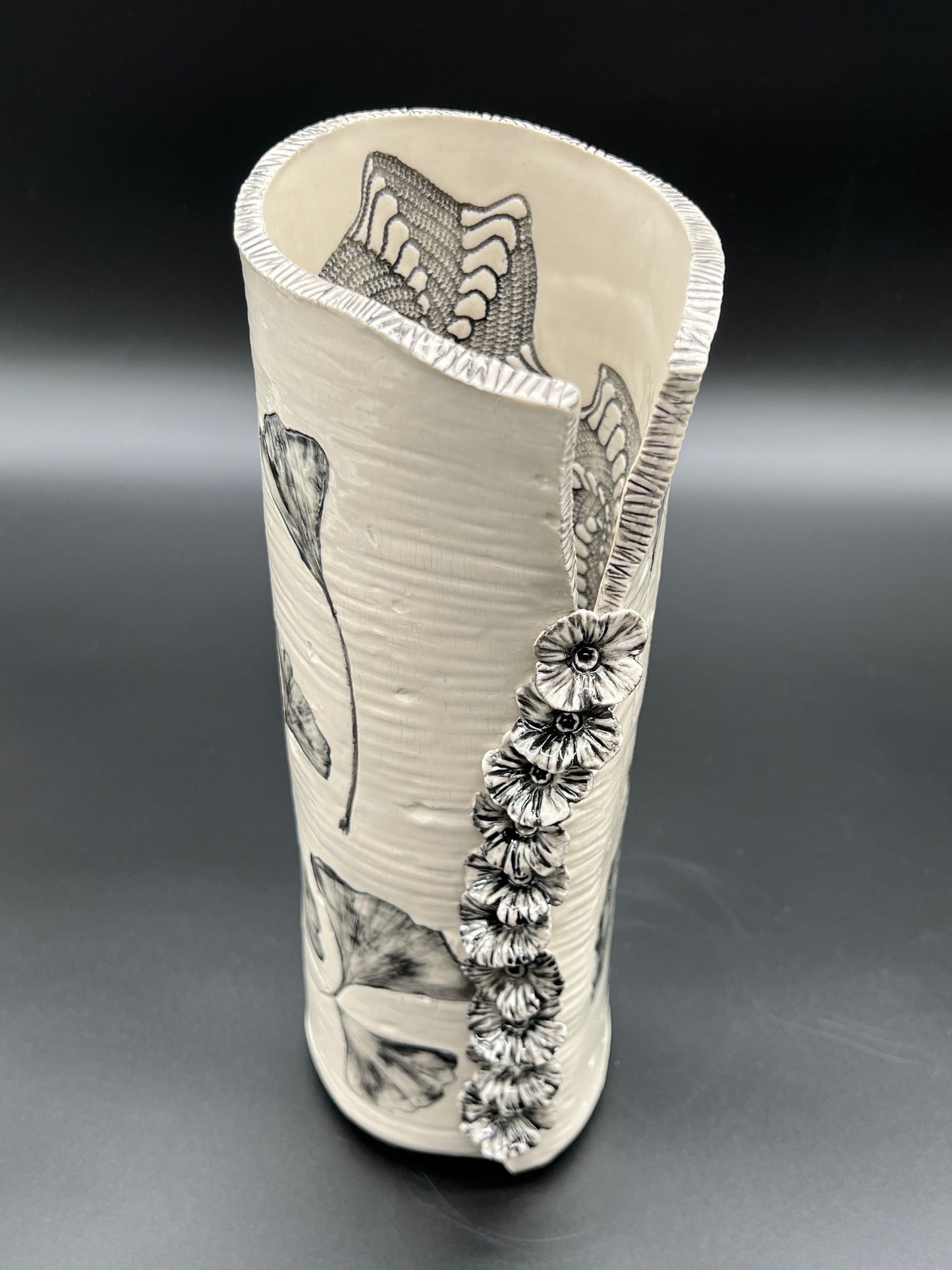 Birchwood and Ginkgo Vase with Cascading Flowers