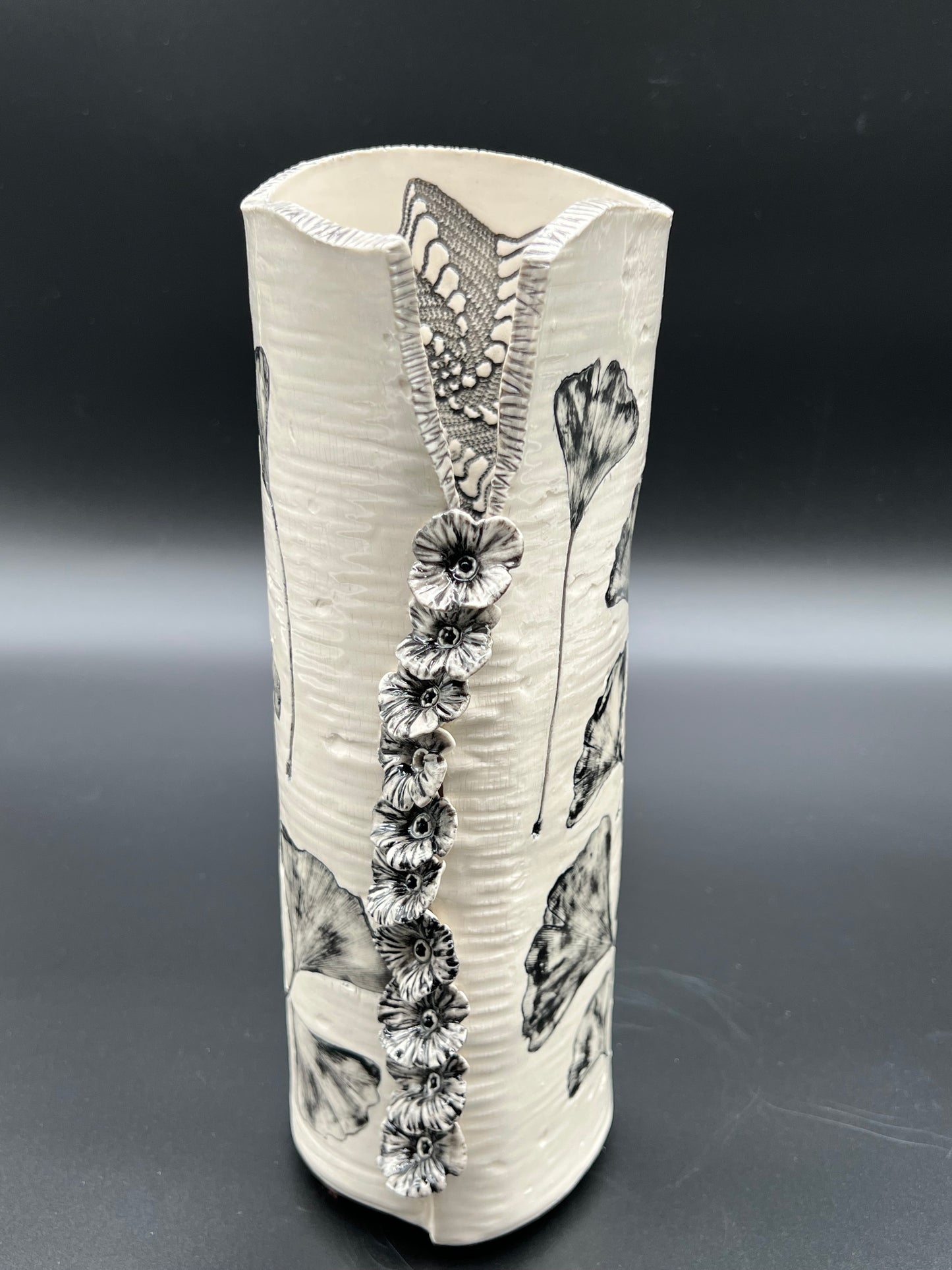 Birchwood and Ginkgo Vase with Cascading Flowers