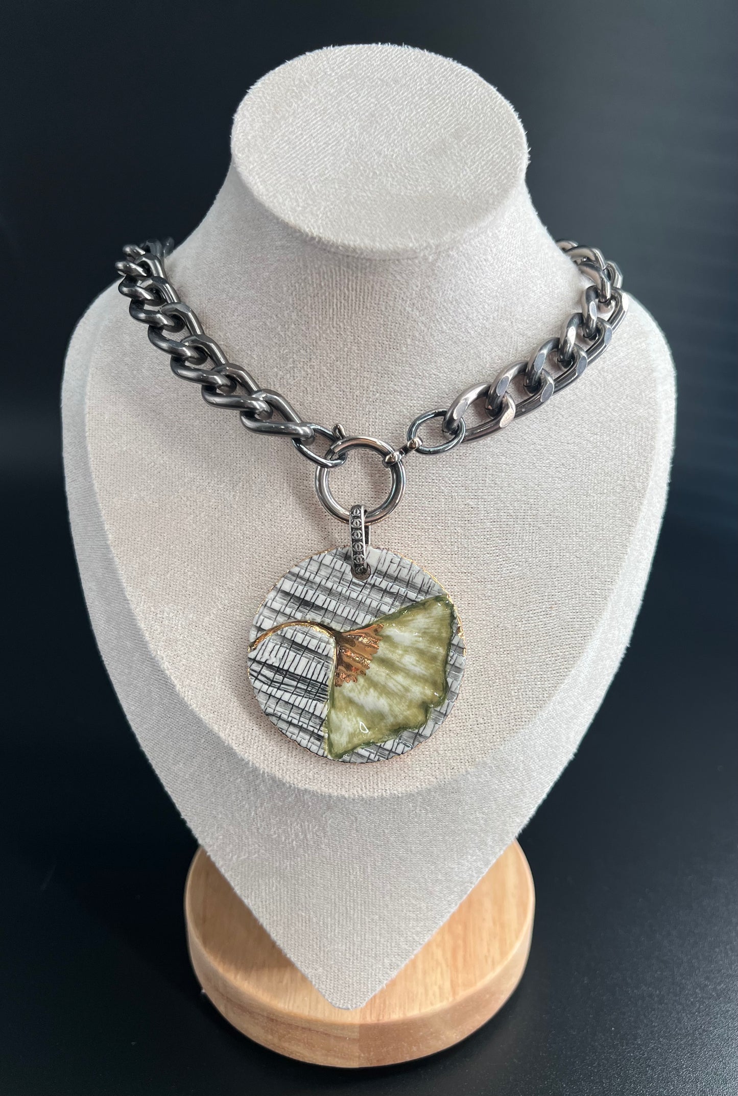 Oxidized Silver Chunky Link Ginkgo Necklace