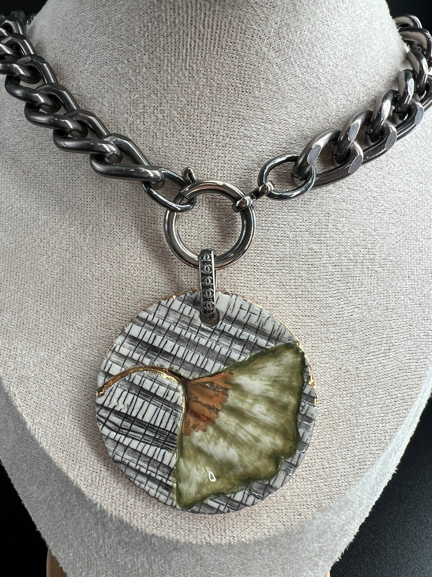 Oxidized Silver Chunky Link Ginkgo Necklace