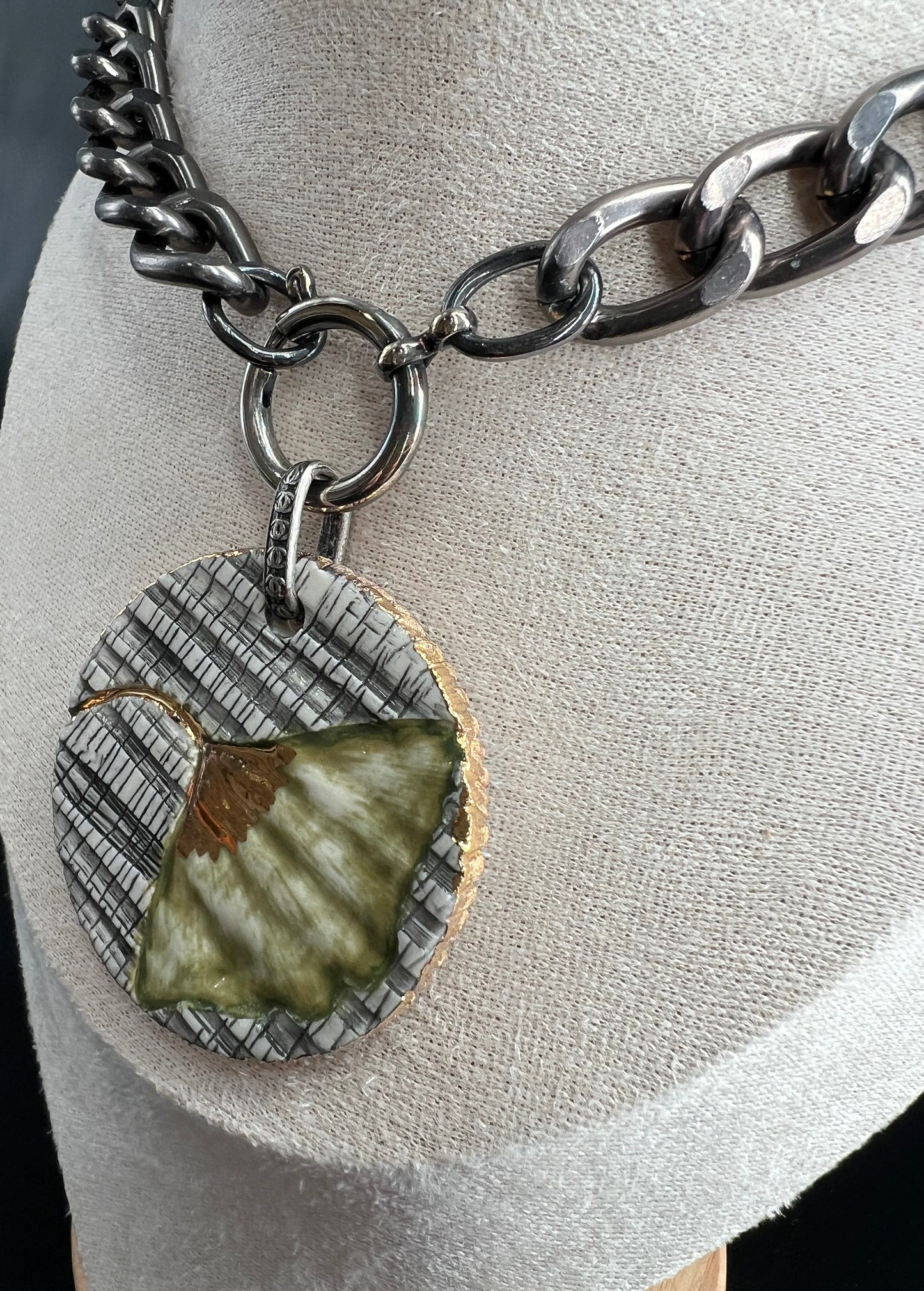 Oxidized Silver Chunky Link Ginkgo Necklace