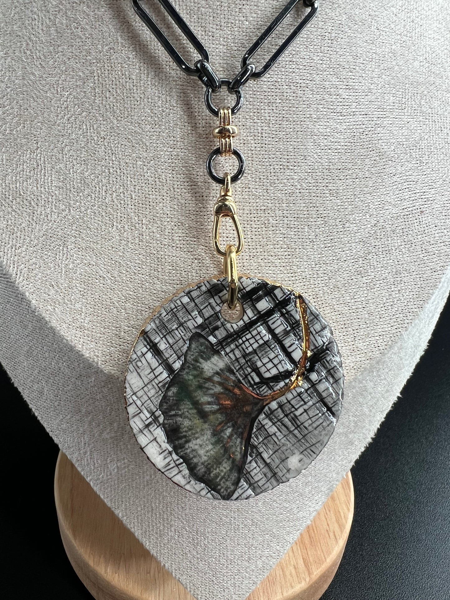 Oxidized Silver and Gold Ginkgo Necklace