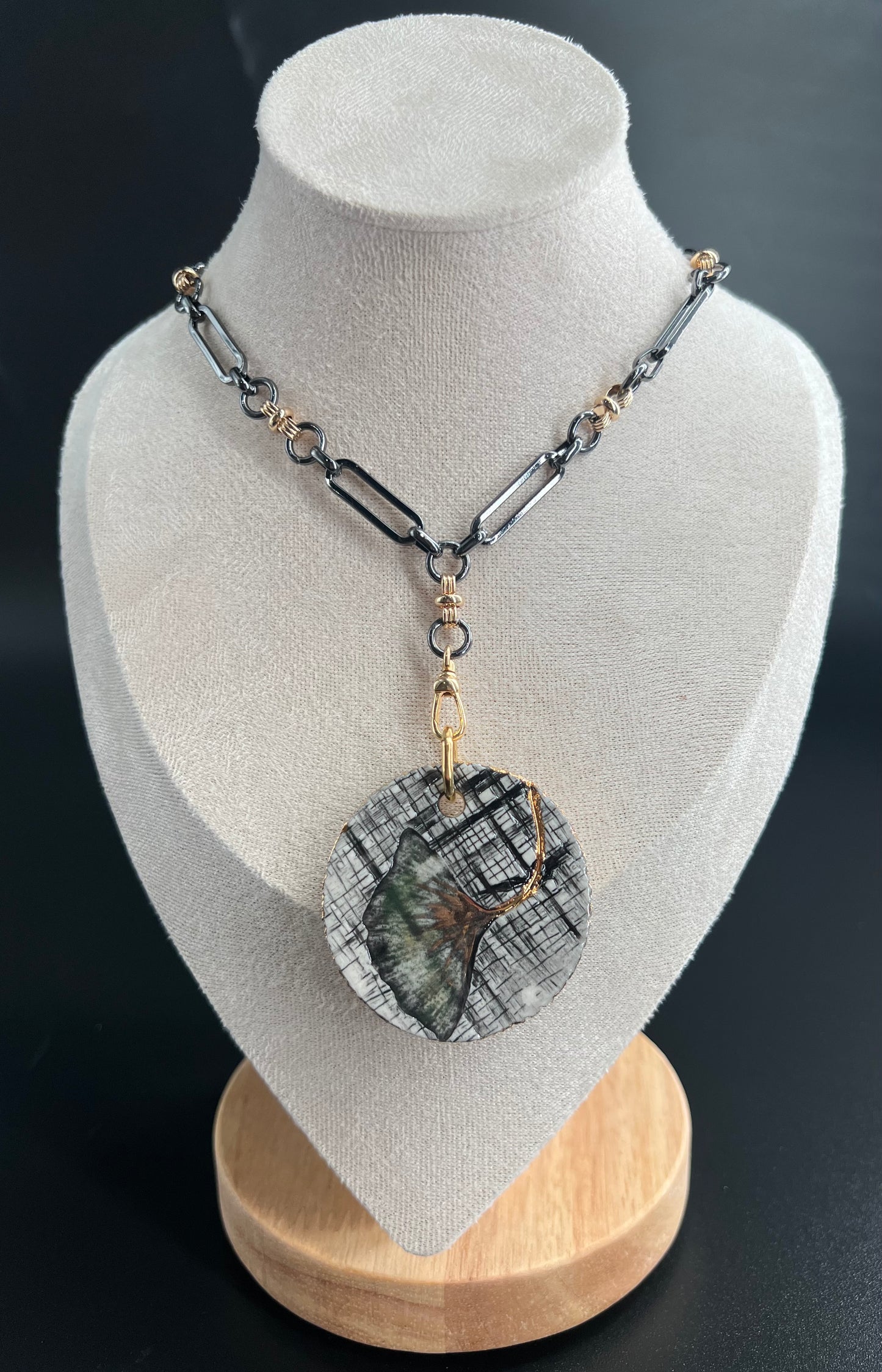 Oxidized Silver and Gold Ginkgo Necklace