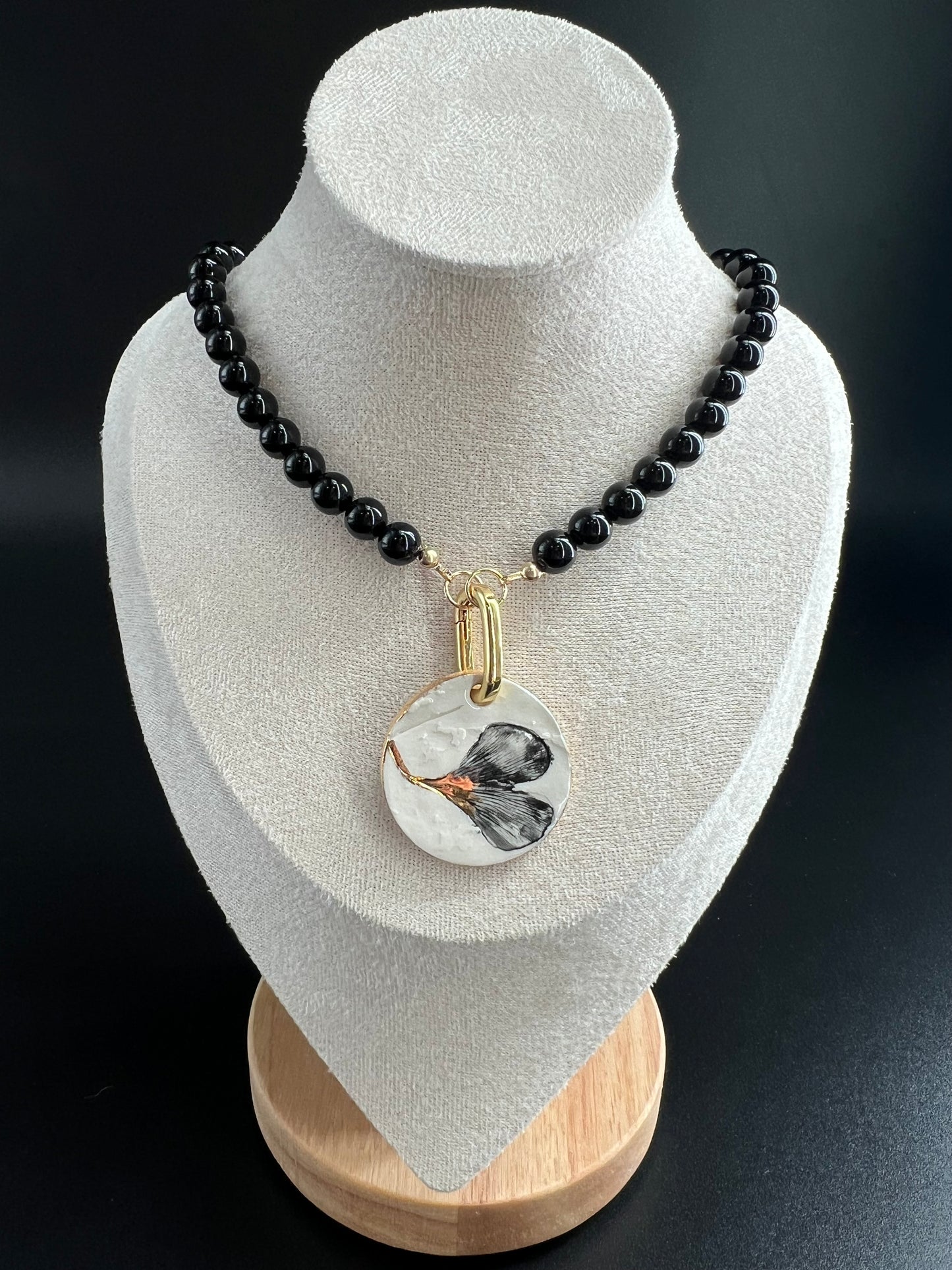 Ginkgo Birch Black Onyx and Gold Necklace