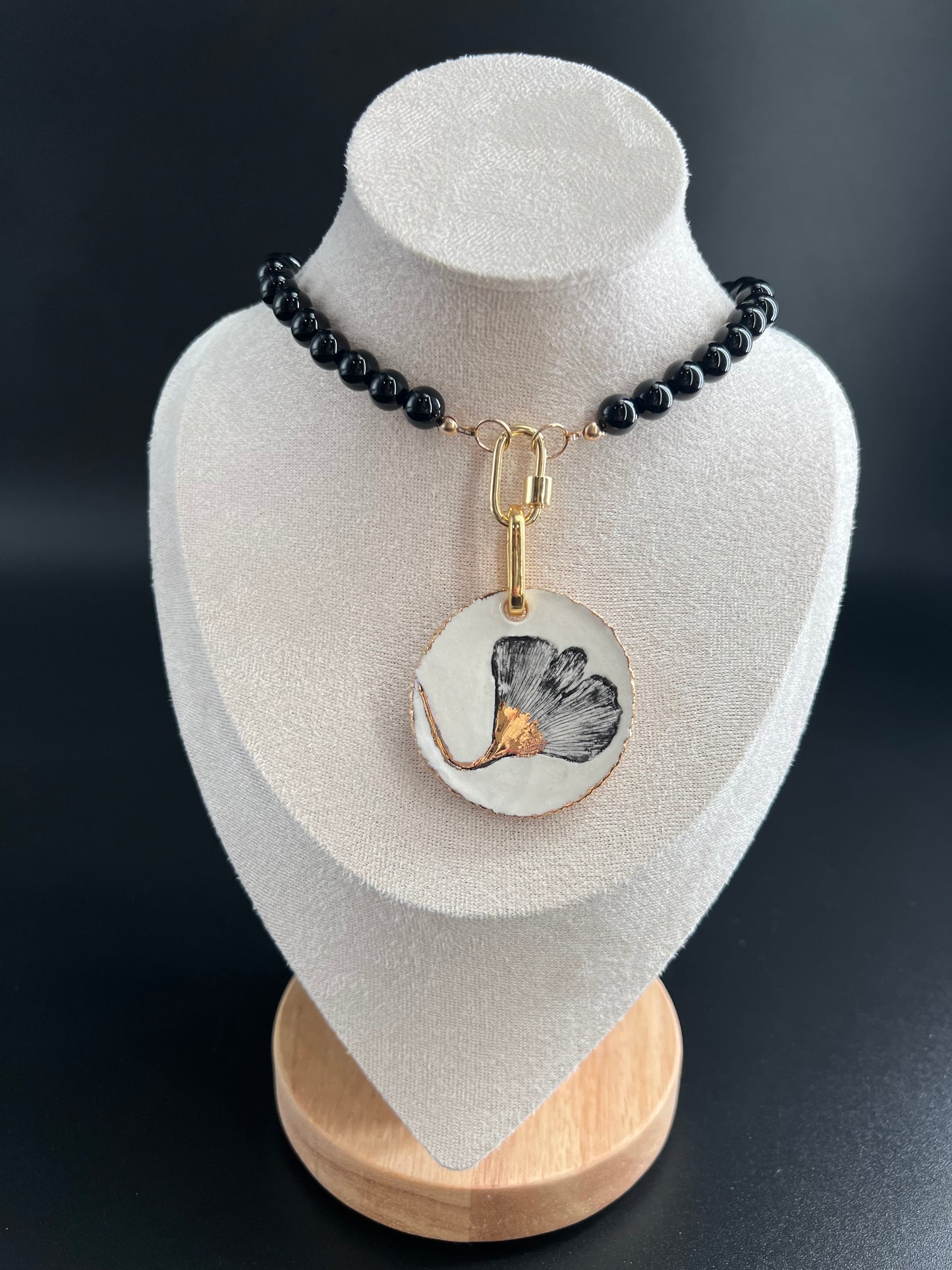 Ginkgo Black Onyx and Gold Necklace