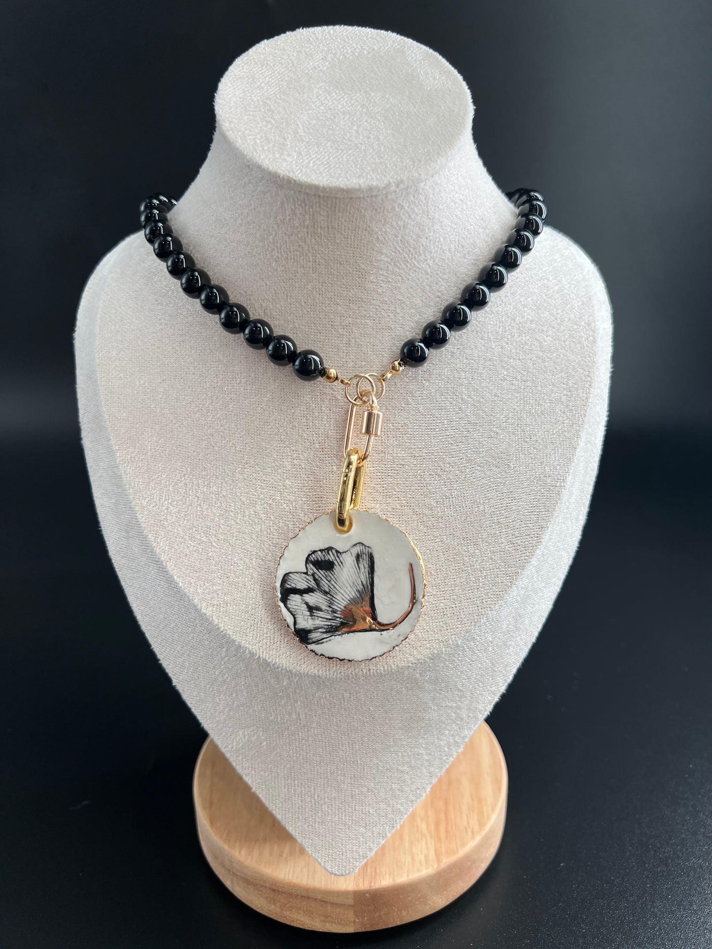 Ginkgo Leaf on Birchwood Onyx and Gold Necklace